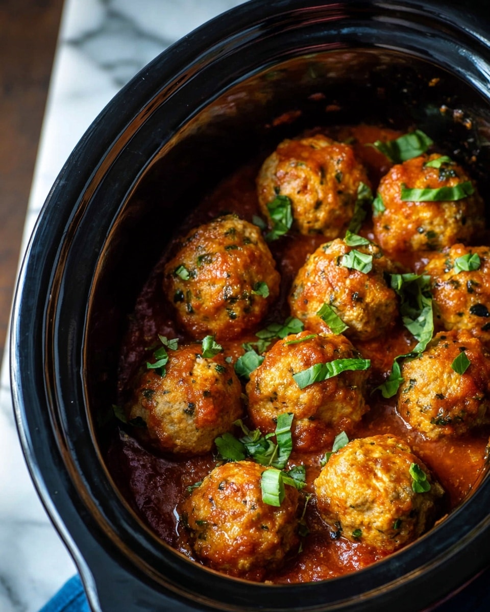 A black slow cooker holds about ten golden brown meatballs, each with a slightly rough texture indicating herbs and spices mixed inside. The meatballs are nestled in a rich, reddish-orange tomato sauce with a slightly chunky texture, visible between and under the meatballs. Small pieces of fresh green basil leaves are scattered on top of the meatballs and sauce, adding a pop of color. The slow cooker sits on a white marbled surface, and the overall image is close-up and well-lit showing the warm and appetizing dish. photo taken with an iphone --ar 4:5 --v 7