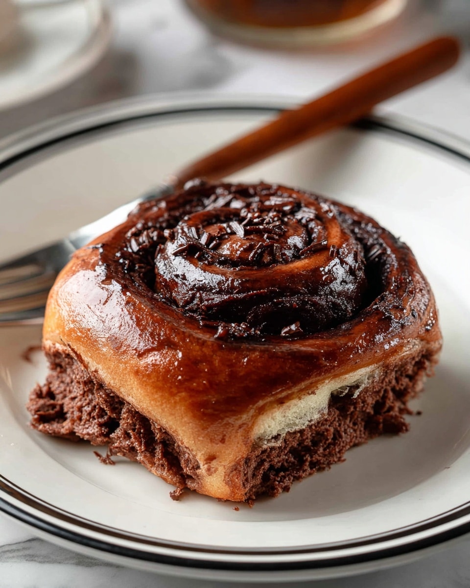 A chocolate cinnamon roll sits in the center of a white plate with a thin black rim. The roll has two main layers: a top shiny, smooth spiral layer that is deep brown and glossy, and a bottom fluffy, textured layer with a lighter chocolate color that looks soft and torn at the edges. The plate rests on a white marbled surface, and a fork with a wooden handle is blurred in the background. Photo taken with an iphone --ar 4:5 --v 7