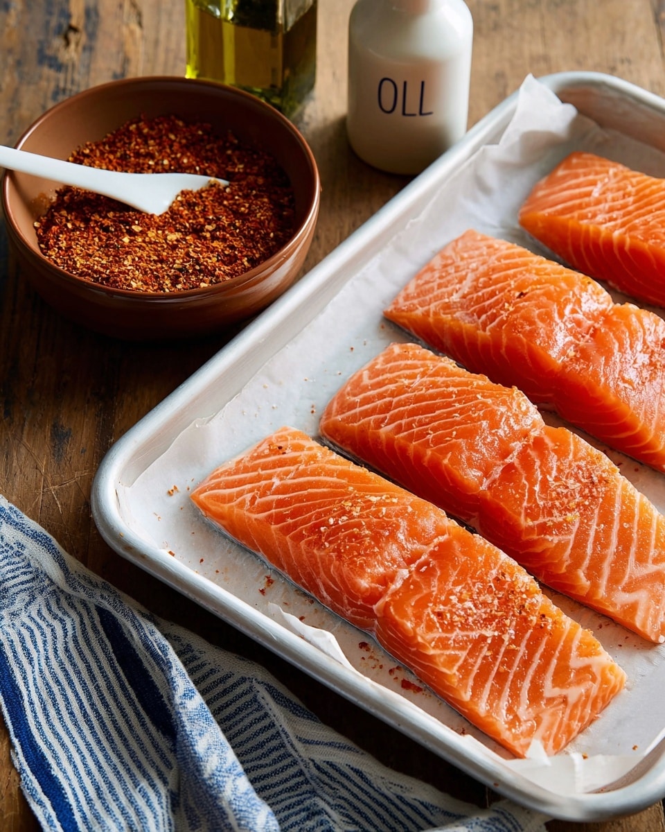 The image shows five thick salmon fillets arranged on a white tray lined with white parchment paper. The salmon is bright orange with visible white marbled lines running through each fillet, giving a fresh and smooth texture. At the top left corner, there is a brown bowl filled with reddish-orange spice mix, with a white spoon resting inside. Next to the bowl is a white oil bottle labeled