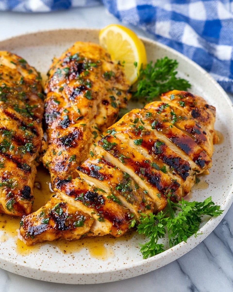 The image shows two grilled chicken portions sliced into strips, with a golden brown color and char marks on top, placed on a white speckled plate. Each chicken portion is covered with green herbs and a shiny glaze that gives a fresh and juicy look. A sprig of green parsley and a lemon wedge are placed between the two chicken pieces near the top side of the plate. The plate sits on a white marbled surface and there is a blue and white checkered cloth in the top right corner in the background. photo taken with an iphone --ar 4:5 --v 7