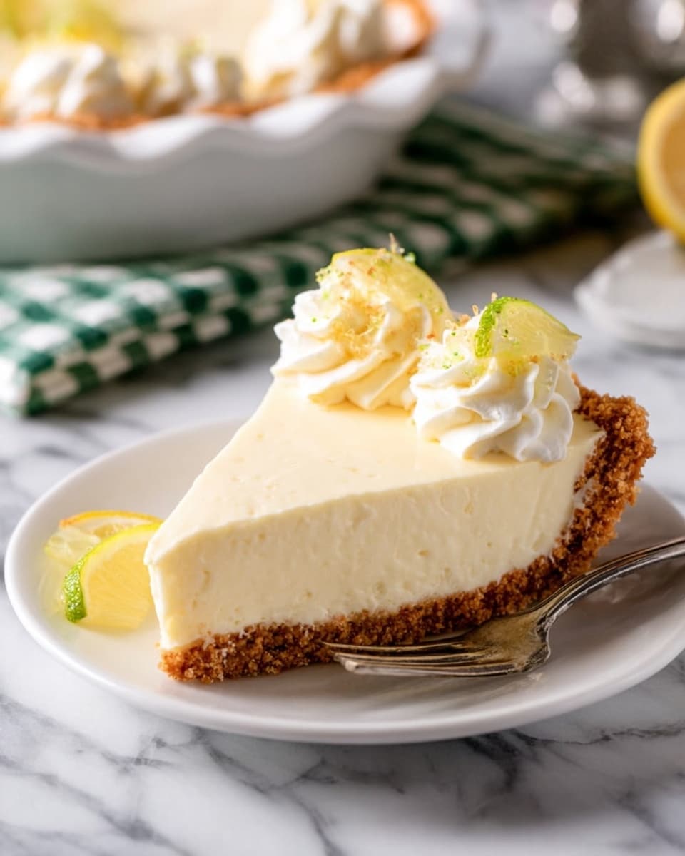 A white ceramic pie dish is filled with a crumbly, light brown crust layer that is mostly pressed down flat but has a thicker edge with small, rough chunks. A metal measuring cup with a black handle is pressing down the crust near the edge inside the dish. In the background, two round, yellow-green limes rest on a white marbled surface, next to a green and white checkered cloth. The photo taken with an iphone --ar 4:5 --v 7