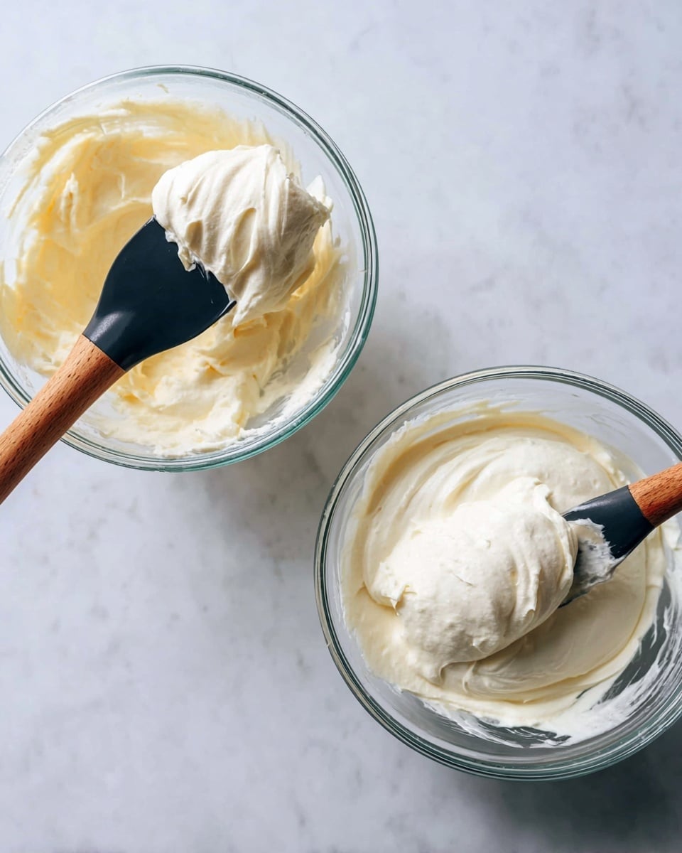 The image shows two clear glass mixing bowls on a white marbled surface. The left bowl contains a thick, light brown dough with a dollop of fluffy white ingredient on top, a wooden spatula with a light brown handle is inside the bowl resting against the dough. In the right bowl, the dough and white ingredient are fully mixed into a smooth, creamy light brown batter, with the same wooden spatula resting inside. The background also has a bright, clean white marbled texture. Photo taken with an iphone --ar 4:5 --v 7