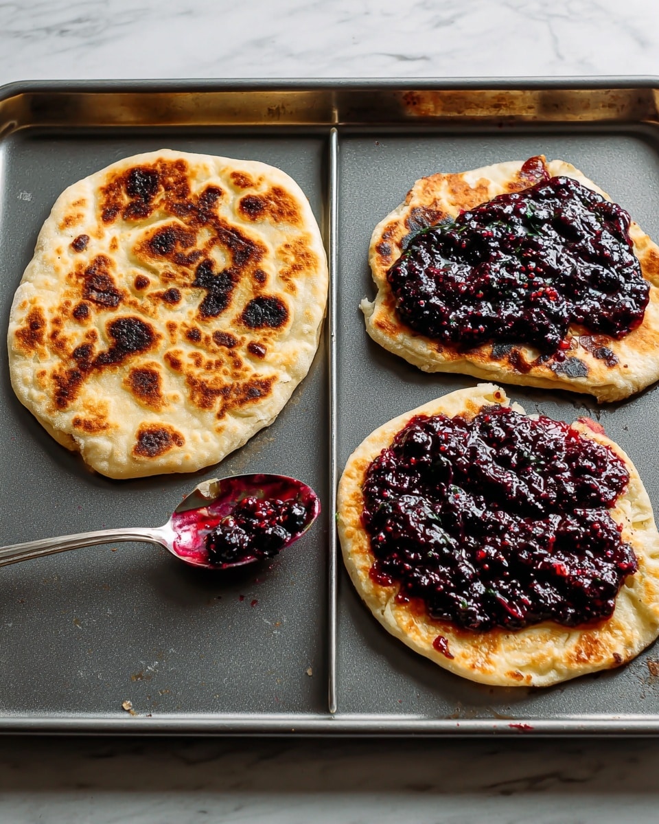 Two triangular slices of blueberry flatbread sit on a white plate over a white marbled surface. The base is golden brown and thin. On top is a layer of deep purple blueberry sauce with some whole blueberries embedded. Scattered dollops of white cheese add contrast, and fresh bright green mint leaves lay on top and around the flatbread. A few whole blueberries and a small bowl of extra blueberry sauce are visible nearby. photo taken with an iphone --ar 4:5 --v 7