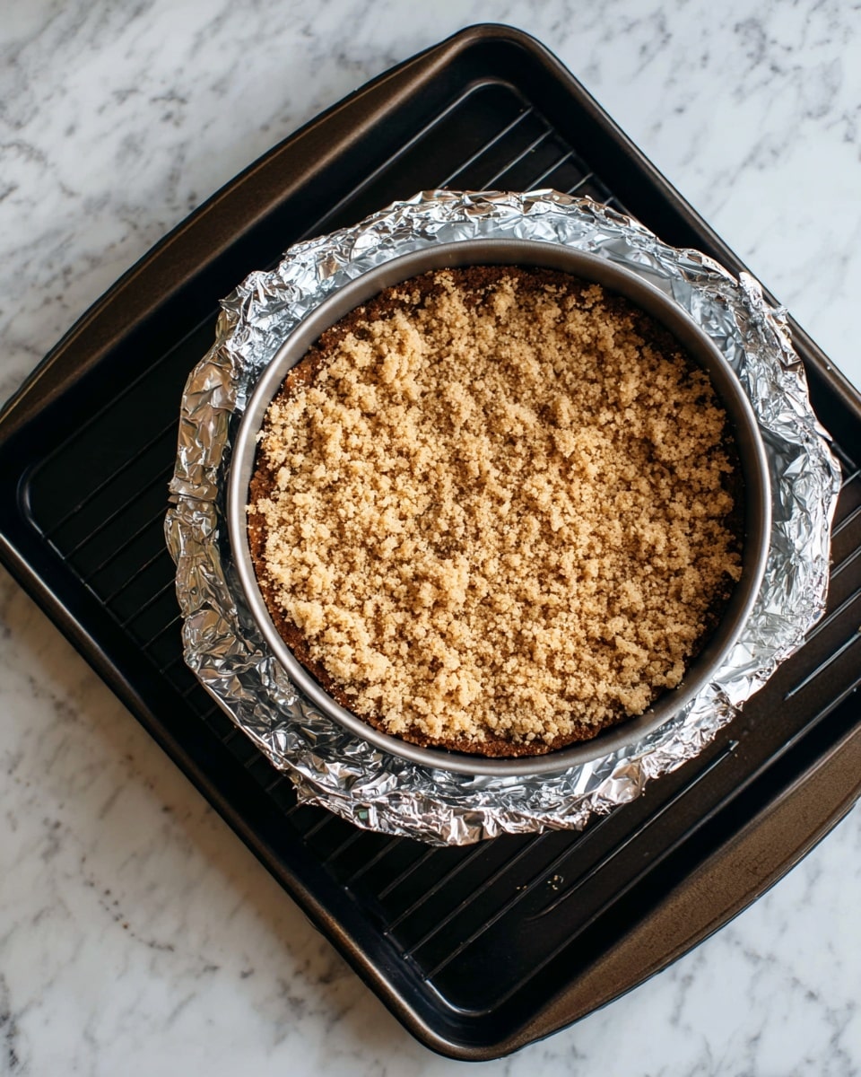 The image shows a round cheesecake with three visible layers: a bottom dark brown crumbly crust, a thick creamy beige middle layer, and a smooth glossy light caramel-colored glaze on top. In the center, there is a small pile of whole glazed pecans that look shiny and textured. The caramel topping drips softly down the sides of the cheesecake and onto the white plate beneath, which sits on a white marbled texture background. The light shines softly on the smooth and glossy surfaces, making the cheesecake look rich and appealing. Photo taken with an iphone --ar 4:5 --v 7