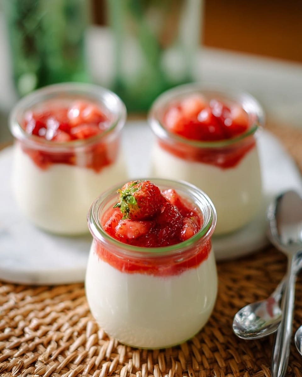 The image shows three small glass jars filled with a creamy white dessert. Each jar has two layers: a smooth, thick white base and a topping of bright red chopped strawberries mixed with syrup. The jars sit on a woven textured mat with two silver spoons placed beside them. In the background, there are two more similar jars with green lids slightly blurred. The whole scene rests on a white marbled surface, and a woman's hand is lightly touching one jar. photo taken with an iphone --ar 4:5 --v 7