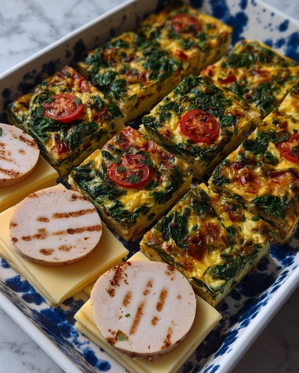 Six small sandwiches are placed evenly in two rows on a white plate with blue splatter patterns. Each sandwich has three visible layers: a round, browned, toasted English muffin top with a light dusting of flour sits on a square slice of orange and white marbled cheddar cheese, which itself rests on a thin, square omelet with green and red vegetable bits visible. The plate is on a natural beige cloth, and the photo is taken on a white marbled surface. The lighting is natural, soft, and even. Photo taken with an iphone --ar 4:5 --v 7