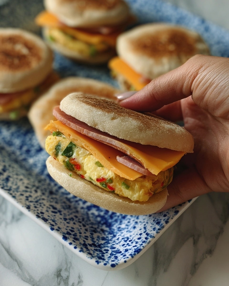 A close-up of a small sandwich held by a woman's hand shows three layers inside an English muffin. The bottom layer is a light yellow egg with green and red bits, the middle layer is a slice of pink ham, and the top layer is a piece of orange-yellow cheese. The English muffin has a browned top and a soft, textured surface. In the background, there are four more sandwiches with the same layers placed on a white plate with blue speckled patterns, all set on a white marbled surface. Photo taken with an iphone --ar 4:5 --v 7