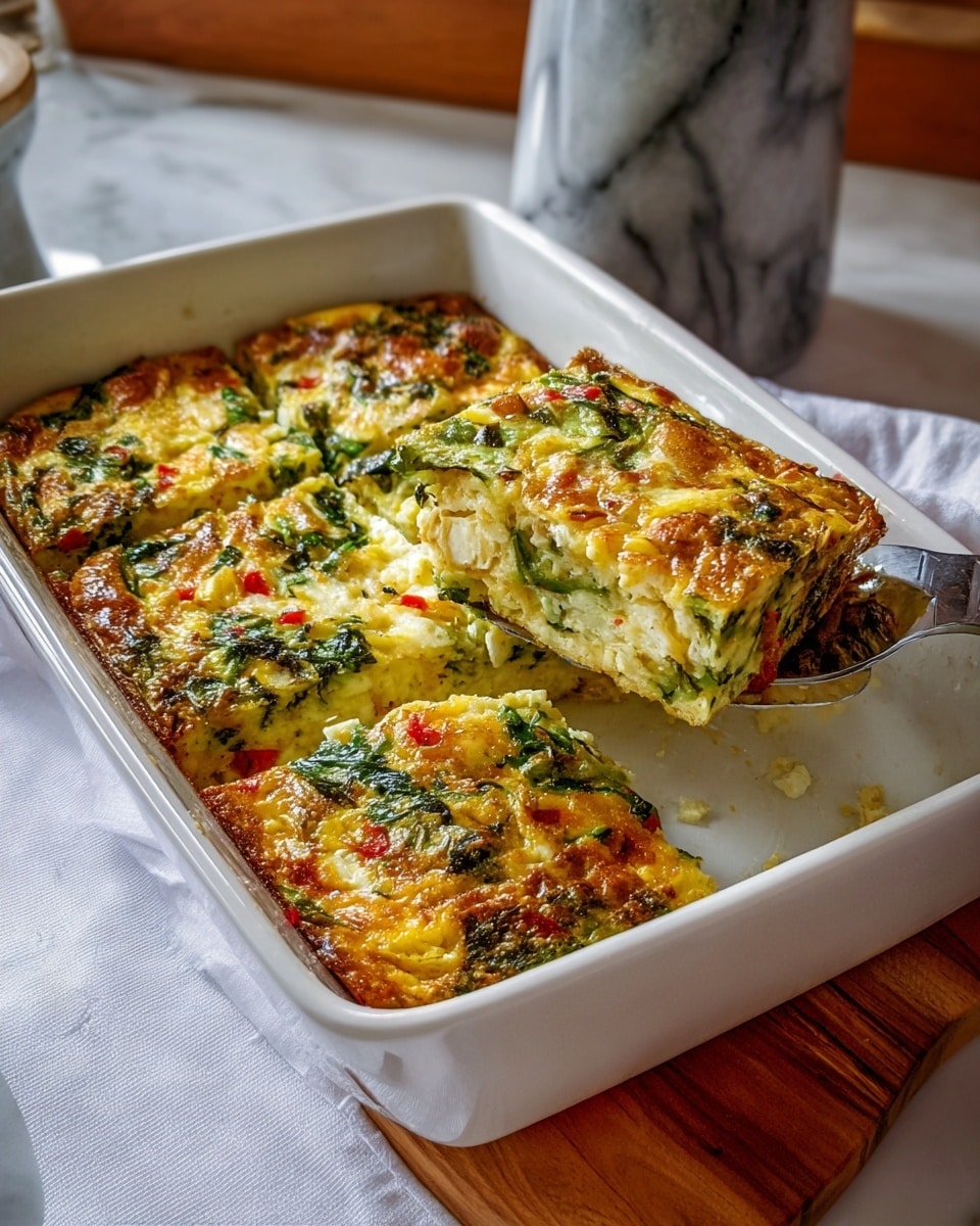 A white rectangular ceramic dish holds a baked casserole with a thick, golden-yellow top layer mixed with green leafy vegetables and small red pieces, showing a slightly crispy texture on the edges. The casserole is cut into square pieces, revealing a fluffy, pale inside with visible chunks of green and red vegetables. A metal spatula lifts one piece from the dish, showing its layered, soft texture. The dish is placed on a white marbled surface with wooden boards and a gray marble container in the background. photo taken with an iphone --ar 4:5 --v 7