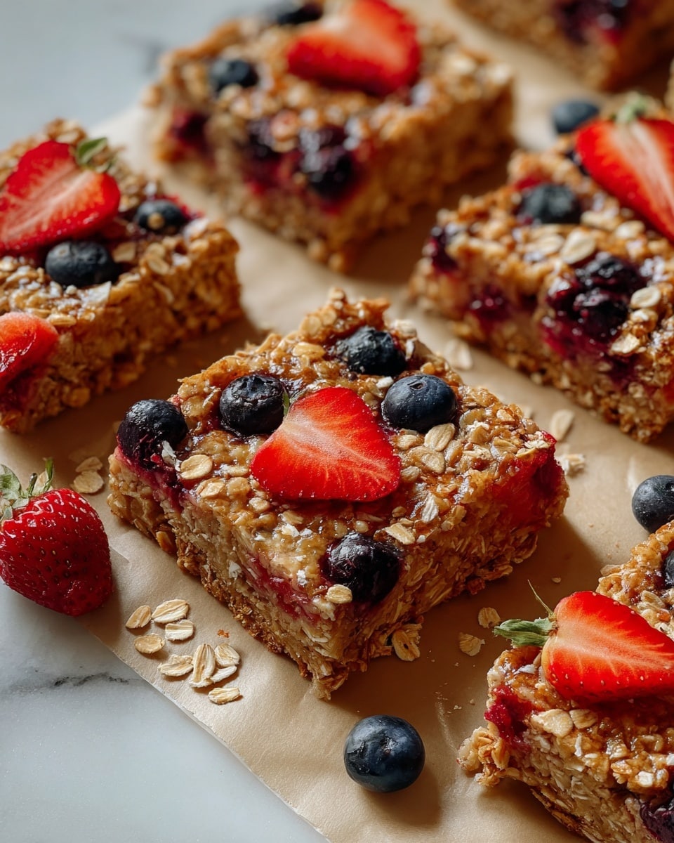 Several square oat bars are placed on a light tan parchment paper, which rests on a white marbled surface. Each bar has a rough, textured top layer made of baked oats with visible slices of red strawberries and whole dark blue or purple berries arranged unevenly but visibly on top. The bars have a moist, slightly sticky interior visible at the edges, showing bits of mixed fruit inside. Scattered around the bars on the parchment and marble surface are whole strawberries and a few loose berries. The overall color palette is warm and natural with soft lighting, highlighting the oat grains and fresh fruit contrast. Photo taken with an iphone --ar 4:5 --v 7