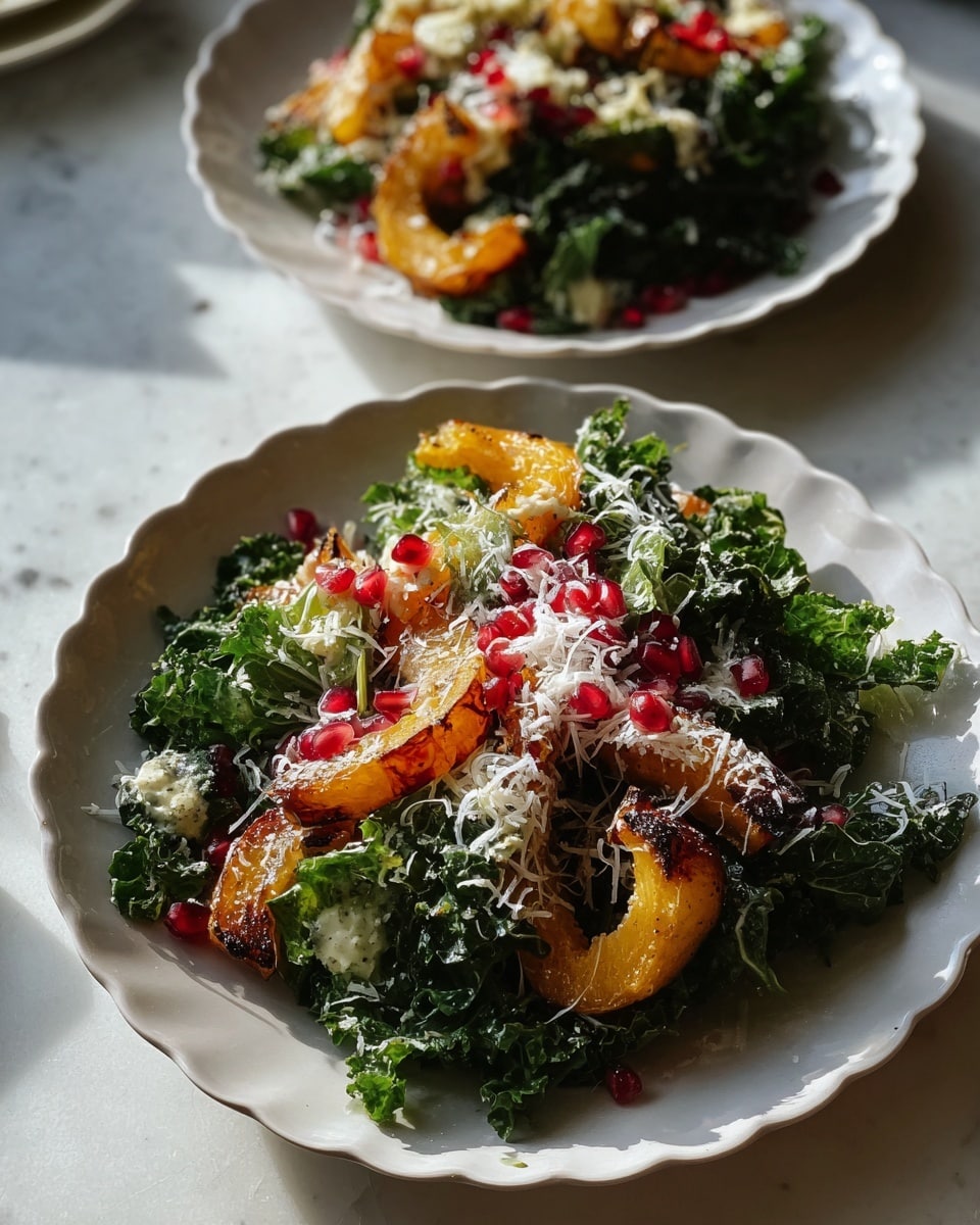 Two white scalloped plates rest on a white marbled surface, each with a colorful salad. The base layer is dark green kale leaves, fresh and slightly leafy. On top, bright orange roasted squash pieces curve around the salad, slightly caramelized at the edges. Scattered pomegranate seeds add bright red pops of color throughout. The salad is lightly dressed with a creamy, light-colored sauce spread unevenly over the leaves and squash. The top layer is a fine, white shredded cheese sprinkled generously across the salad, adding texture and contrast. Soft natural light casts gentle shadows, enhancing the colors and textures. Photo taken with an iphone --ar 4:5 --v 7