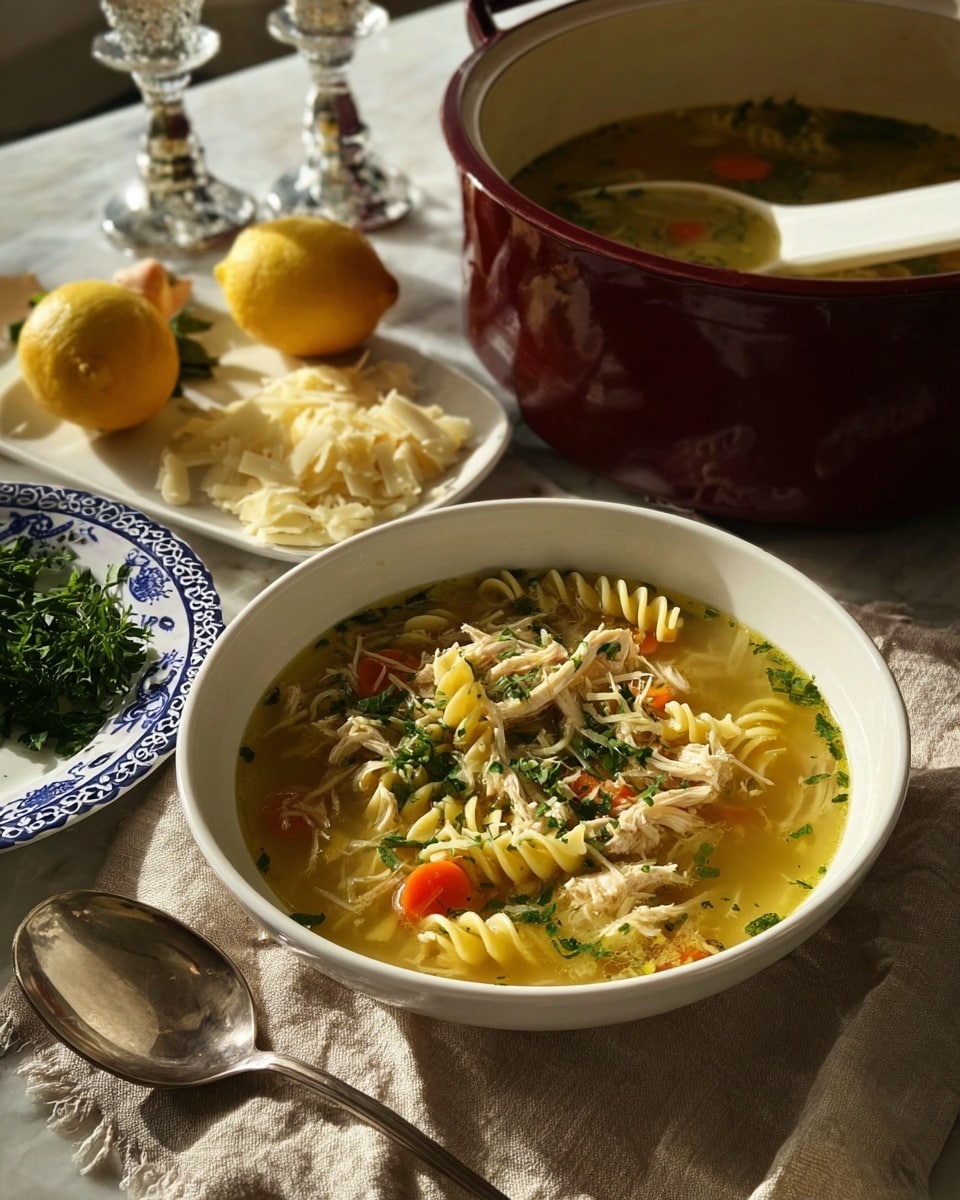 A ladle lifts a portion of chicken noodle soup from a deep black and red pot, showing three main layers in the scoop: the bottom layer is curly pale yellow noodles, the middle layer is bright orange carrot slices, and the top layer is shredded light beige chicken pieces mixed with chopped green herbs. The soup broth is golden yellow with specks of herbs and small vegetable pieces. In the background, a white bowl with grated cheese and chunks of yellow cheese sits on a white marbled surface with sunlight casting soft shadows. Photo taken with an iphone --ar 4:5 --v 7