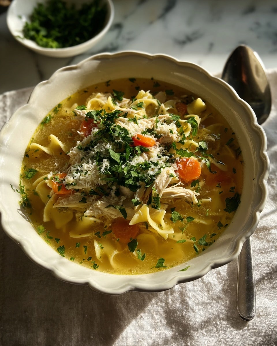 A white bowl filled with chicken noodle soup showing three main layers: the bottom clear yellow broth layer, the middle layer of spiral noodles and orange carrot slices, and the top layer with shredded chicken and chopped green herbs scattered evenly. Behind the bowl, there is a dark red pot with soup and a white ladle inside. Next to the pot, a small dish holds a whole yellow lemon, half a lemon, and fresh green herbs. On the left side, a small white plate with blue designs contains shredded cheese and broken chunks of a hard cheese. A shiny silver spoon rests on a white marbled surface beside the bowl. The whole scene is set on a beige textured cloth, with two glass candlesticks in the background. photo taken with an iphone --ar 4:5 --v 7