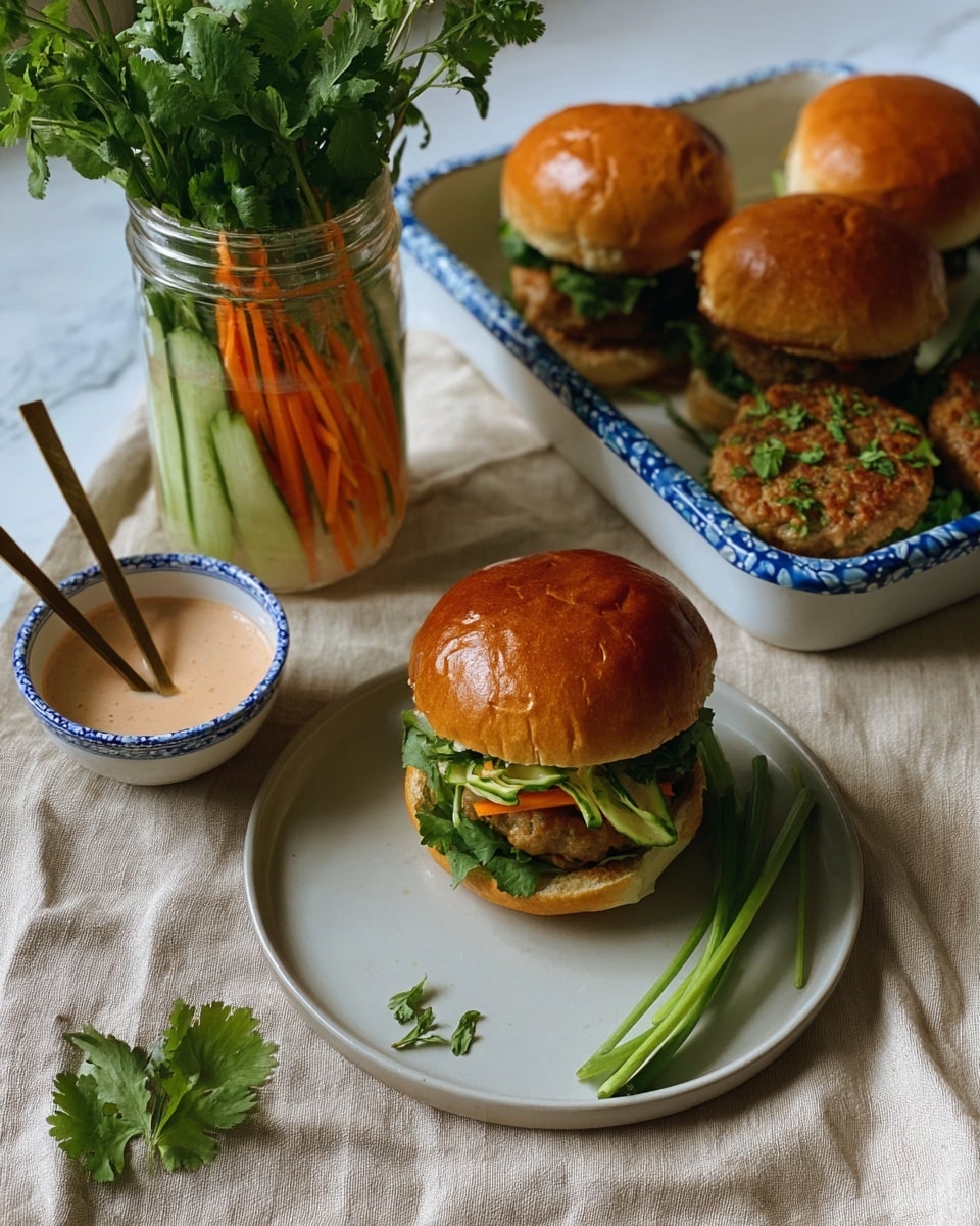 A sandwich with a shiny golden brown bun top sits on a white plate with a few pieces of green cilantro on the plate. Inside the sandwich, there is a layer of mixed shredded orange and pale yellow vegetables along with a thick meat patty, and a large amount of fresh green cilantro leaves on top. Behind the sandwich, there is a clear jar filled with sliced vegetables, placed on a white marbled surface, and some more buns lined up in the background on a white plate with blue floral patterns. Photo taken with an iphone --ar 4:5 --v 7