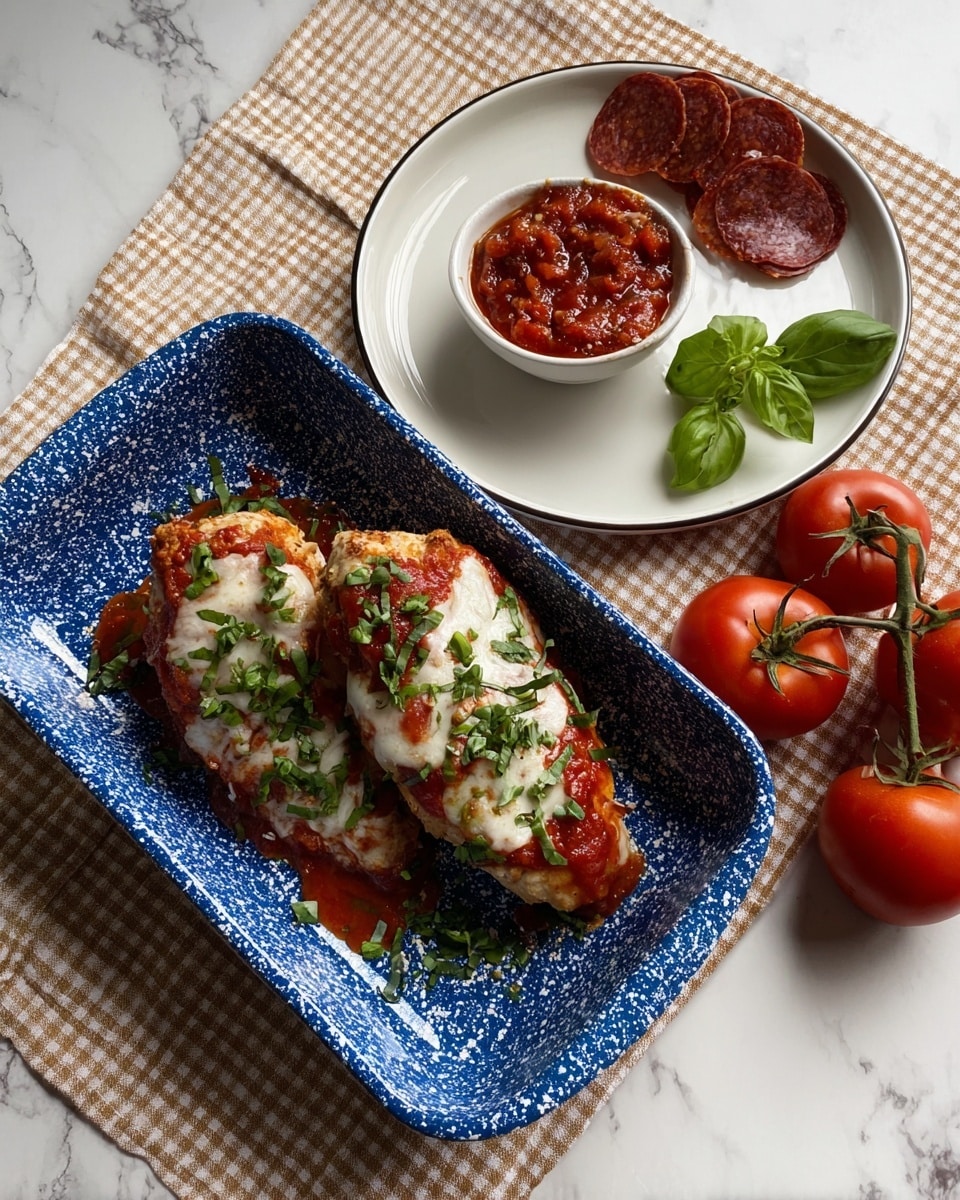 Two baked pieces of chicken are placed inside a white baking dish with blue speckled patterns, resting on a brown checkered cloth over a white marbled surface. Each piece of chicken is topped with a layer of melted white cheese, which covers the entire top and edges. On top of the cheese, there are thin round slices of pepperoni with a reddish-brown color and some red chili flakes scattered around. Fresh green basil leaves are sprinkled on top, adding a bright contrast to the cheese and pepperoni. In the background, there is a white plate with green lettuce leaves and a red tomato on the white marbled surface. photo taken with an iphone --ar 4:5 --v 7