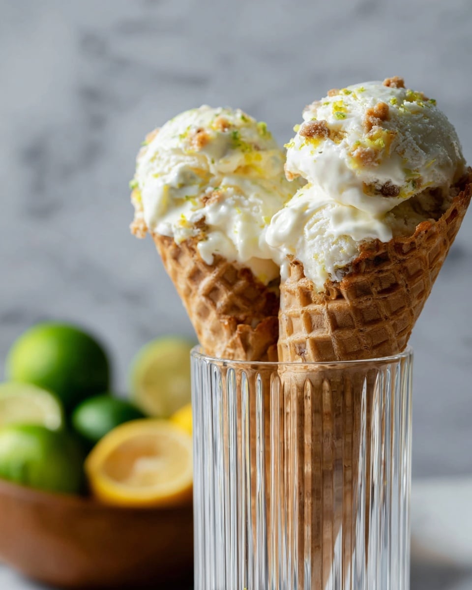 A rectangular transparent container is filled with creamy white ice cream that has swirls of bright yellow sauce and small light brown crumb bits sprinkled on top, creating a textured and colorful surface. Around the container, there is a white marbled texture surface scattered with crumbs, small pieces of shredded white coconut, and fresh green and yellow limes, some whole and some cut in half showing their juicy interior. There is a white bowl with shredded coconut and another white bowl with brown crumb pieces, a small textured bowl with leftover yellow sauce and a spoon inside, and two empty waffle cones lying on the surface. photo taken with an iphone --ar 4:5 --v 7