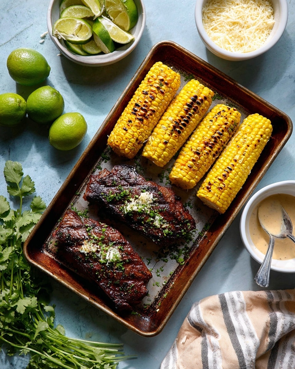 A worn metal tray holds two dark brown grilled steak pieces with visible char marks and garnished with small green herb bits near the tray's bottom. Above them are six yellow corn cobs with black grill spots placed in two rows, the top row having four and the bottom row two. To the left of the tray, there are three bright green whole limes, a bunch of fresh cilantro, and a white cup filled with lime wedges. To the right of the tray, a white bowl with a light brown creamy sauce and a spoon inside sits next to a whole lime and a white bowl with finely grated cheese. The surface is a pale blue with white marbled texture. A folded striped beige and white cloth is in the bottom right corner. photo taken with an iphone --ar 4:5 --v 7