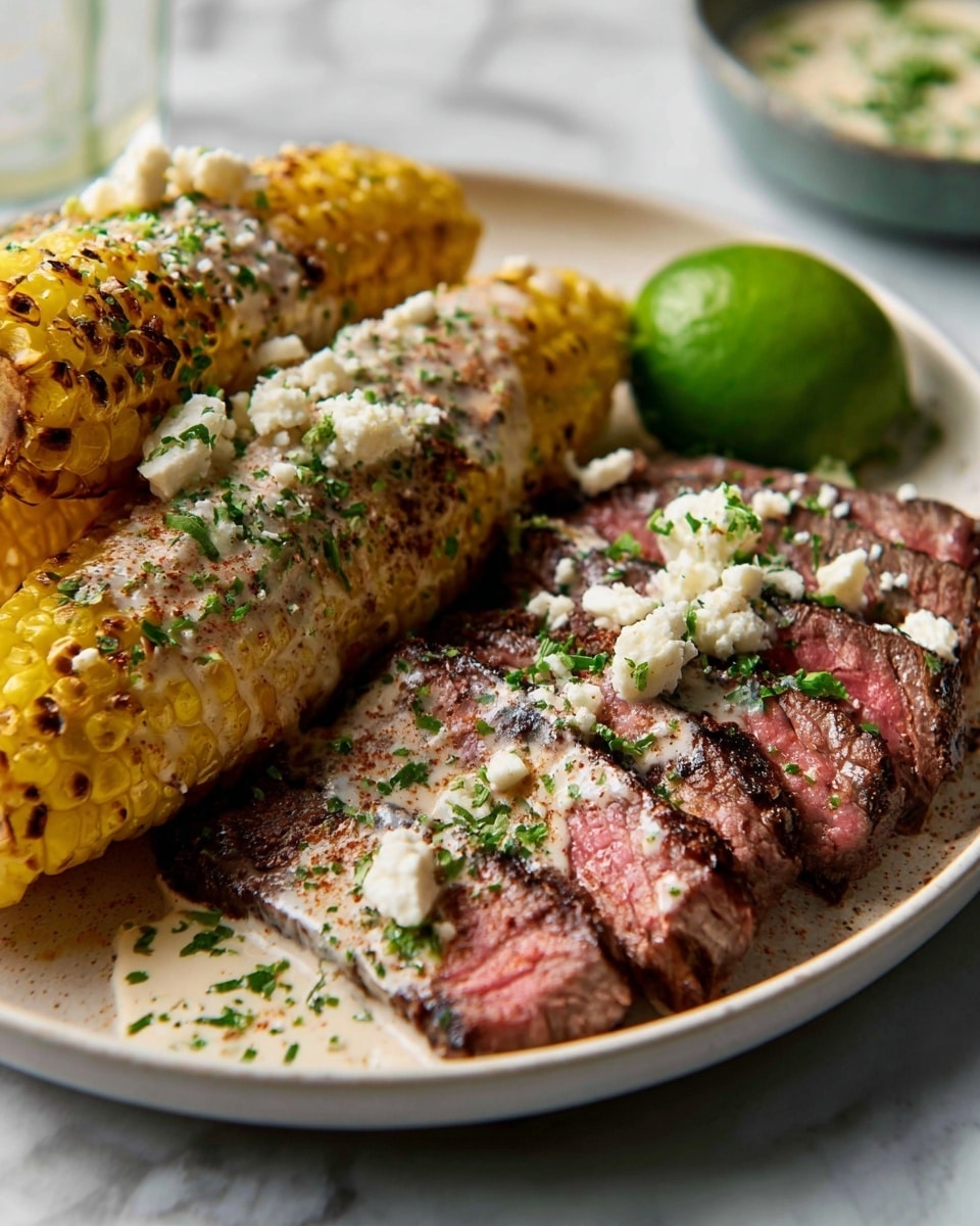A white plate holds two main layers: on the right side, thin slices of medium-rare steak with a pink center and a light brown grilled outer edge, topped with small white cheese crumbles and a creamy white sauce dotted with green herbs; on the left side, two grilled corn cobs with bright yellow and slightly charred kernels, drizzled with the same white sauce and sprinkled with white cheese and chopped green herbs. A small lime wedge sits near the steak. The background is a white marbled texture. Photo taken with an iphone --ar 4:5 --v 7