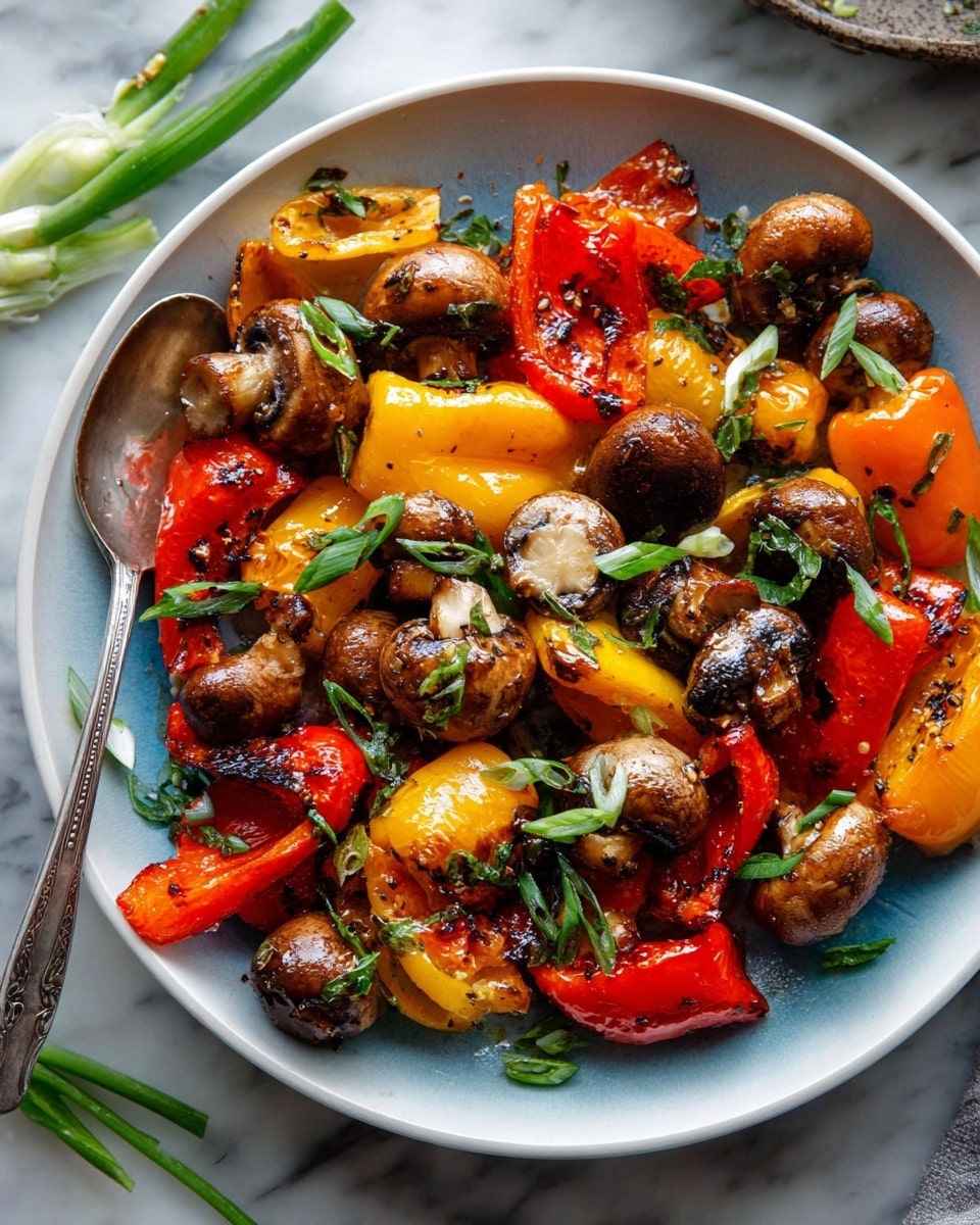 A round white plate holds a colorful mix of roasted mini red, orange, and yellow peppers and whole brown mushrooms. The peppers have a slightly shiny, grilled surface with black char marks. The mushrooms are browned, showing a soft texture with gills visible on some. Scattered green onion slices add a fresh green touch over the top. A silver spoon rests inside the plate on the left side, partially covered by the vegetables. The plate sits on a white marbled surface with a few green onion pieces around it. Photo taken with an iphone --ar 4:5 --v 7