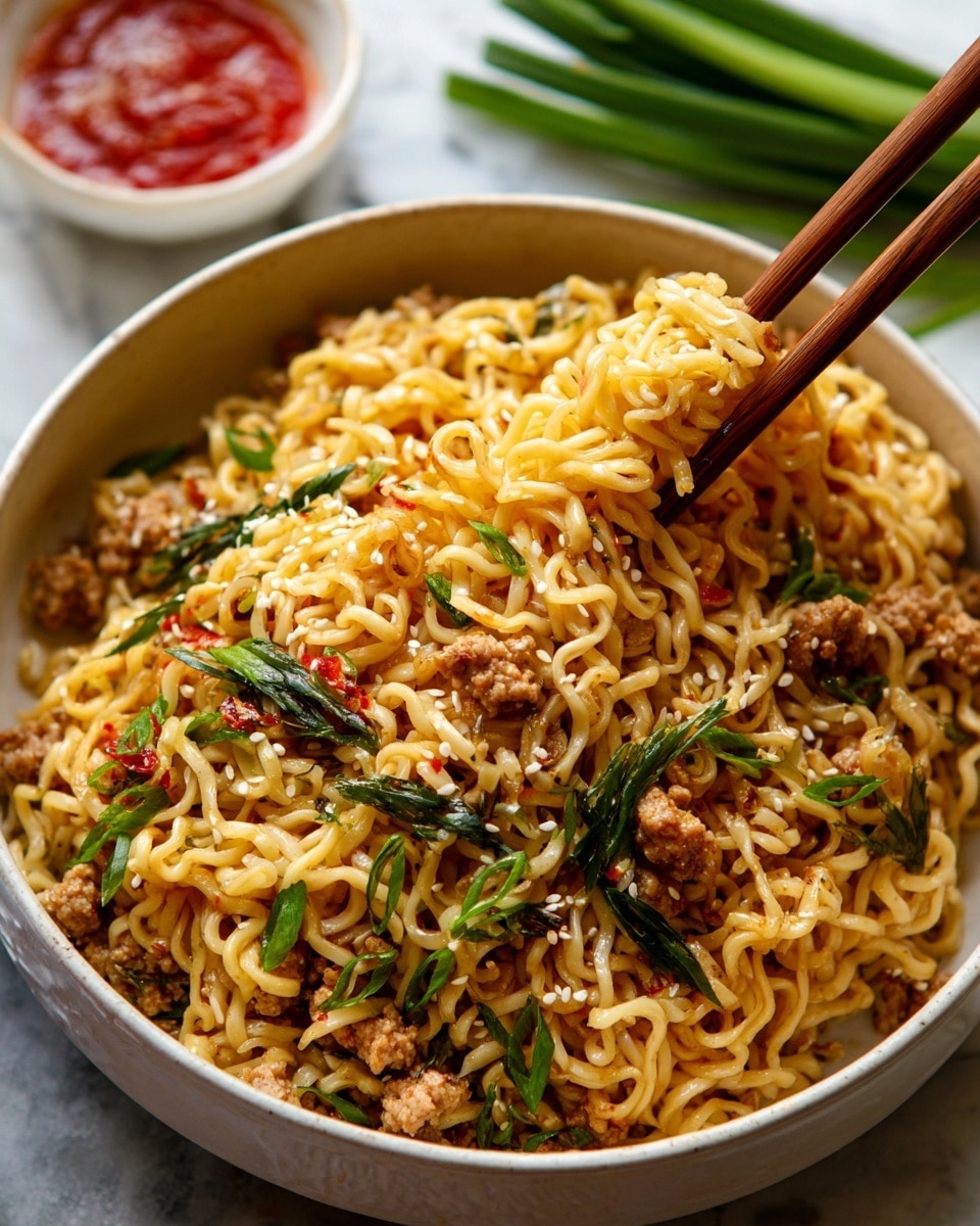 A light tan pan holds a dish with many curly yellow noodles mixed with small pieces of cooked light brown meat and chopped green onions scattered on top. The noodles and meat are coated in a slightly shiny sauce with some sesame seeds and bits of red chili flakes sprinkled throughout. A wooden spoon rests inside the pan, partially covered by the noodles. Surrounding the pan is a bunch of fresh green onions on a white marbled surface, a small white bowl filled with sesame seeds at the bottom left, and a white bowl with red sauce and a silver spoon on the upper right. A red and white cloth is placed beneath the pan handle. photo taken with an iphone --ar 4:5 --v 7