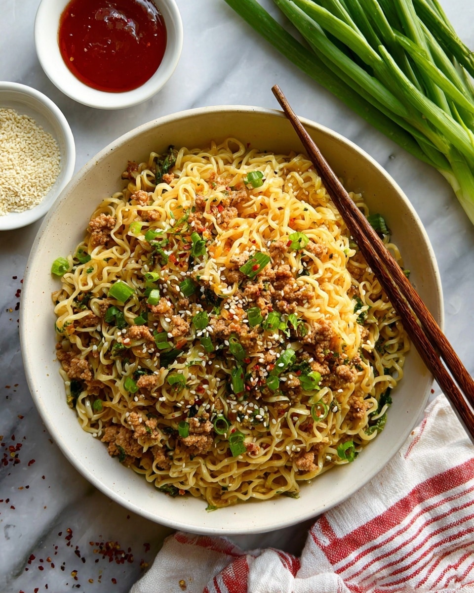 A close-up of a large white bowl filled with cooked curly noodles mixed with small pieces of light brown cooked meat and bright green chopped green onions. The noodles are coated in a light soy-colored sauce with visible sesame seeds sprinkled on top, along with red chili flakes adding splashes of red. Wooden chopsticks are lifting some noodles from the right side of the bowl, with a white marbled surface underneath. In the top left corner, a small white bowl filled with red sauce is partially visible, and fresh green onions lie on the surface to the right. Photo taken with an iphone --ar 4:5 --v 7