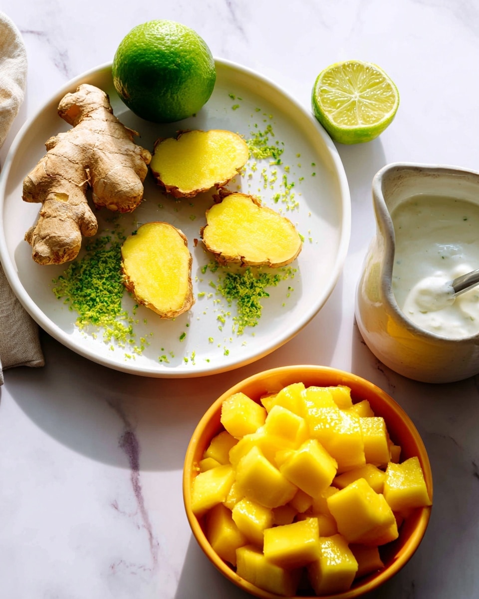 The image shows a close-up of three main items placed on a white marbled surface. On the left, there is a white plate holding two slices of fresh yellow ginger with textured edges, a small piece of whole ginger root, and a whole lime resting beside bright green lime zest sprinkled around it. To the right of the plate, there are three lime wedges, one whole lime wedge facing up with juicy segments visible, and another lime wedge positioned vertically. In the bottom right corner, an orange bowl is filled with rough, chunky yellow mango pieces, piled high. Below the plate, a white ceramic jug holds a white creamy substance with a small ceramic spoon resting inside it. The overall setting is bright with soft natural light. Photo taken with an iphone --ar 4:5 --v 7