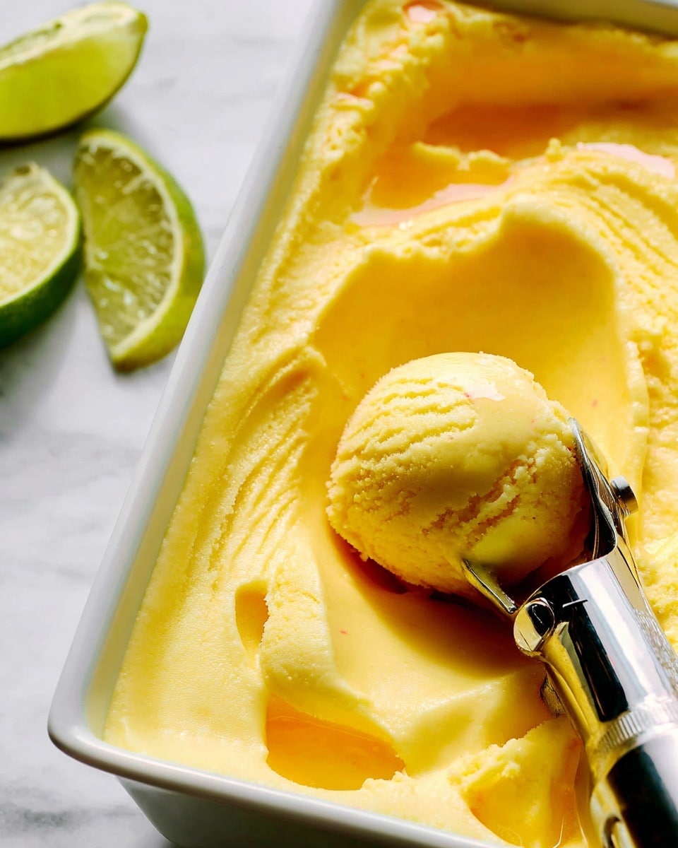 The image shows a white bowl filled with three large scoops of smooth, bright yellow sorbet with a creamy texture. A silver spoon is placed inside the bowl, partly under one scoop. Around the bowl, there are several lime wedges that are fresh green and juicy, arranged on a white marbled surface. The light is bright and natural, highlighting the glossy surface of the sorbet and the vibrant green of the lime wedges. photo taken with an iphone --ar 4:5 --v 7