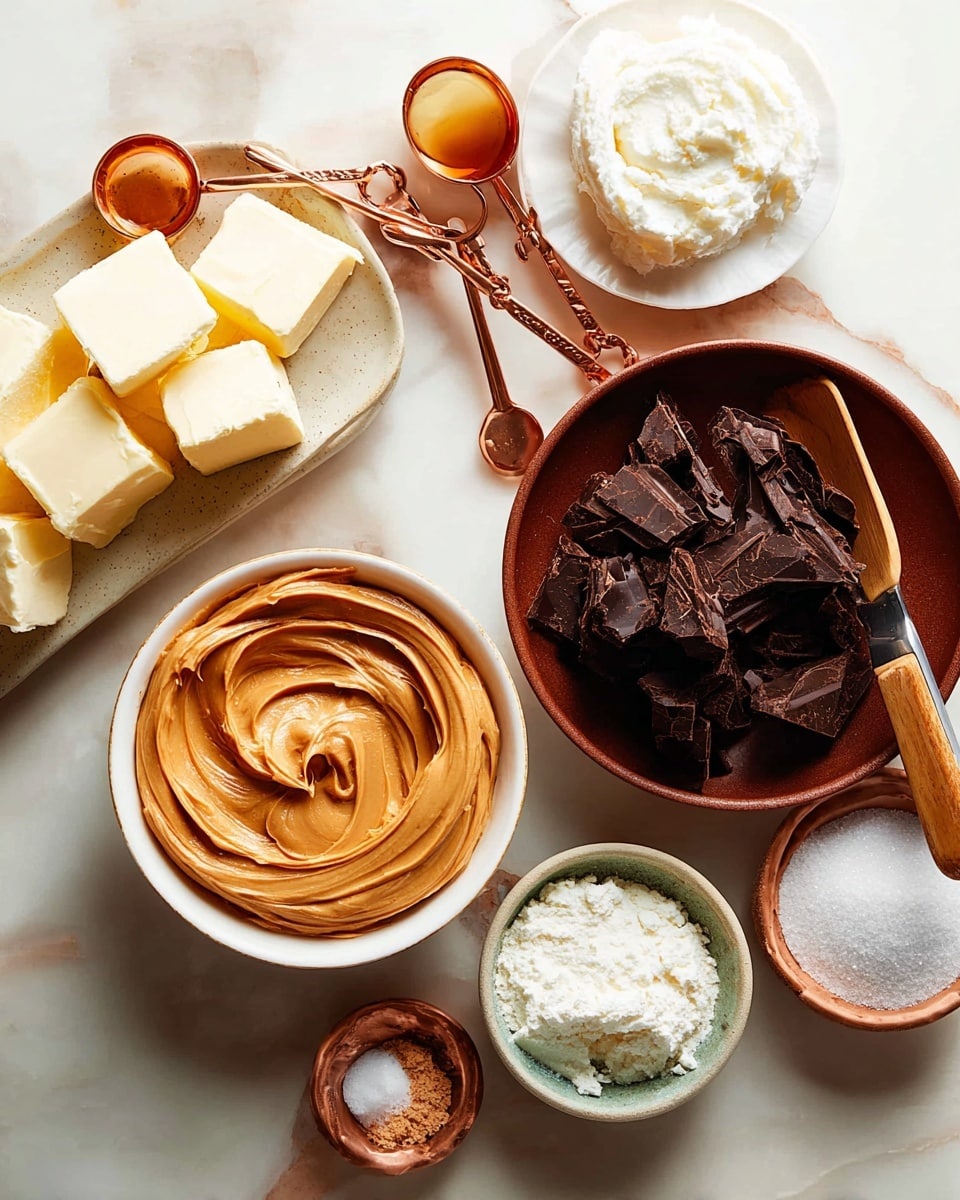 A top-down view shows an arrangement of baking ingredients on a white marbled surface. Center bottom is a white bowl filled with smooth peanut butter in a warm tan color, with swirled texture on top. Near it to the right is a larger brown bowl filled with dark chocolate pieces that have a rough and uneven texture. Above the peanut butter is a small white plate with a mound of soft white coconut oil. To the left is a long white dish holding several firm butter chunks in off-white, and two copper measuring spoons filled with a dark amber liquid and white salt are resting on it, with a wooden-handled knife placed between them. Bottom right corner shows two additional bowls containing white powdered ingredients with a wooden spoon in one. Photo taken with an iphone --ar 4:5 --v 7