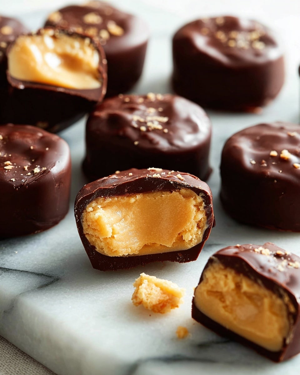 The image shows many small, round candies placed closely together on a white marbled surface. Each candy has two layers: the outer layer is smooth and dark brown chocolate that wraps around like a shell, and the inner layer is a soft, light orange, creamy filling that fills the top opening, slightly raised above the chocolate shell. The candies are shiny and have a neat, uniform shape, looking rich and fresh. Photo taken with an iphone --ar 4:5 --v 7