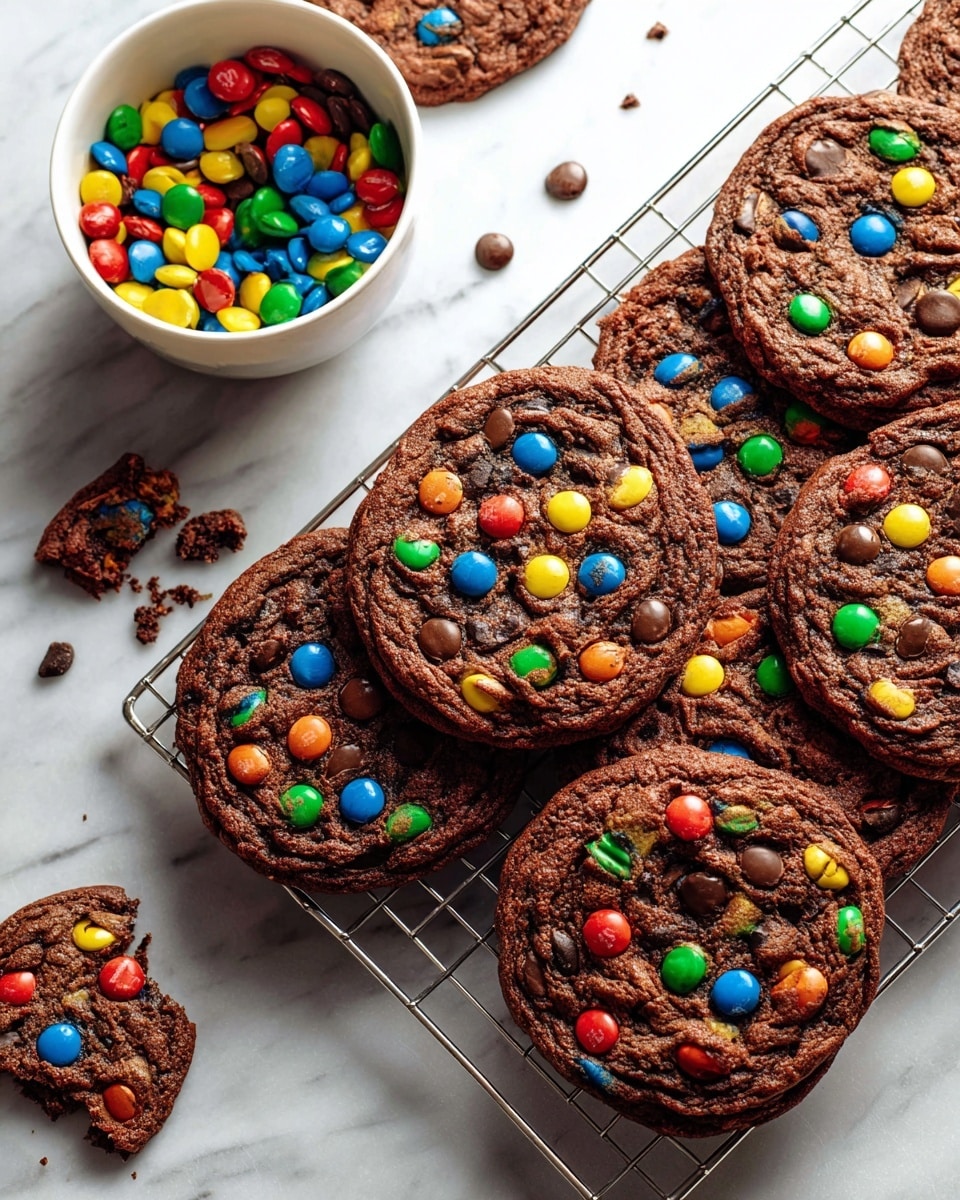 There are several large, round dark brown cookies with a rough texture, each topped with colorful candy-coated chocolate pieces in blue, green, red, yellow, orange, and brown, scattered unevenly across the surface. These cookies are stacked and spread on a silver cooling rack placed over a white marbled surface. To the left side, a white bowl filled with more colorful broken candy pieces is partially visible. Some small candy fragments and crumbs are scattered around the cookies and on the white marbled surface photo taken with an iphone --ar 4:5 --v 7