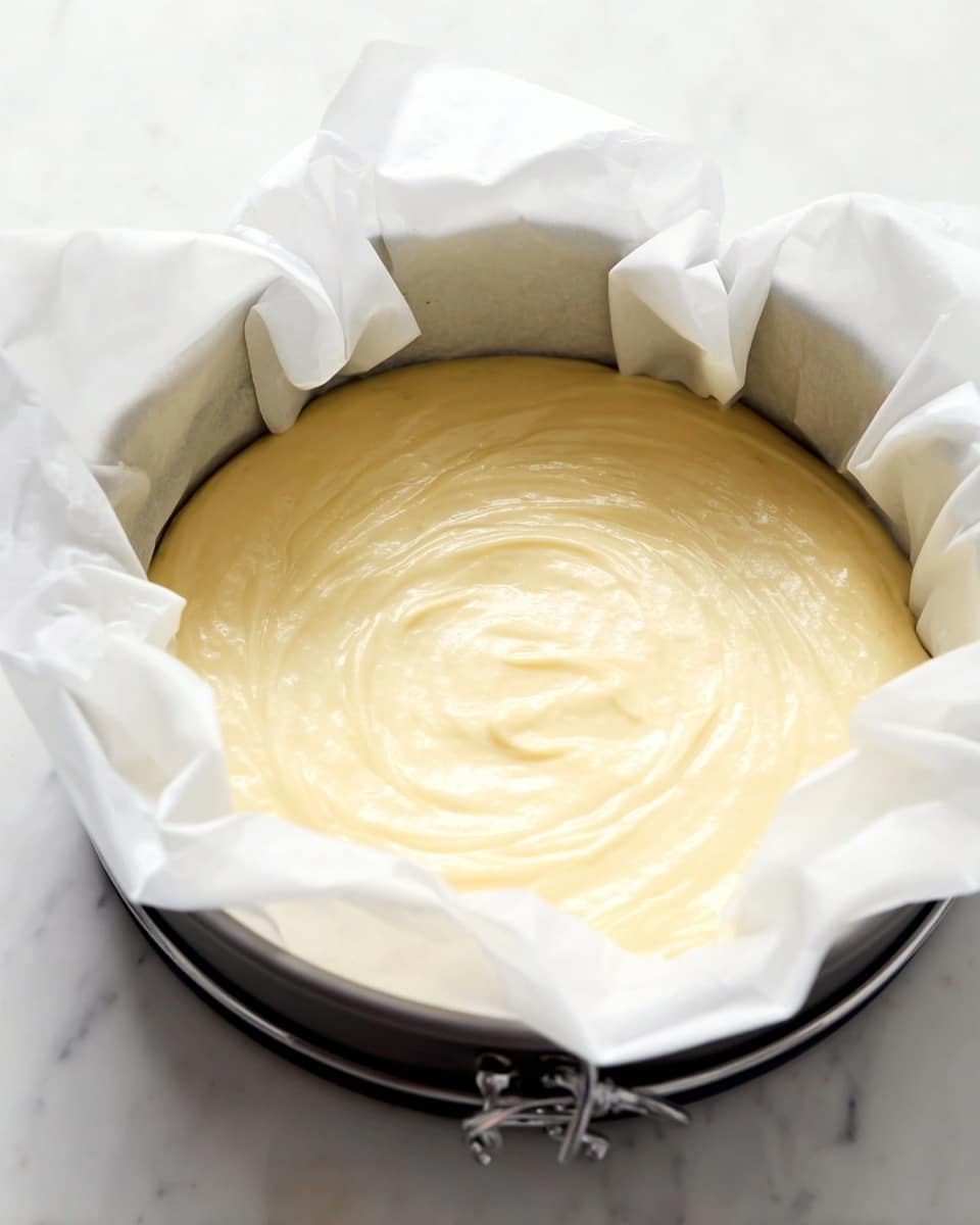 A smooth pale yellow batter fills a white round baking pan lined with white parchment paper, with the paper edges artistically folded over the sides. The batter surface shows gentle swirls and waves, suggesting it has been stirred or poured recently. The pan's silver clasp and rim are partially visible around the edges. The whole scene rests on a white marbled surface, giving a clean and fresh look. photo taken with an iphone --ar 4:5 --v 7