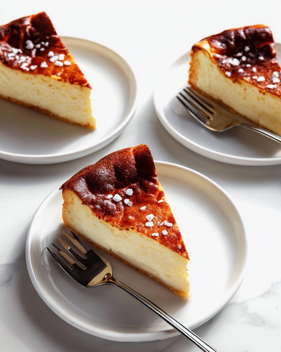 A cheesecake with a golden brown, cracked top layer sits on a white plate, showing a thick, creamy light yellow layer underneath. A slice is being lifted, revealing the smooth, dense inside and the thin, darker brown crust at the bottom. The edges are slightly wrinkled and darker brown. The whole scene has a white marbled surface background. Photo taken with an iphone --ar 4:5 --v 7