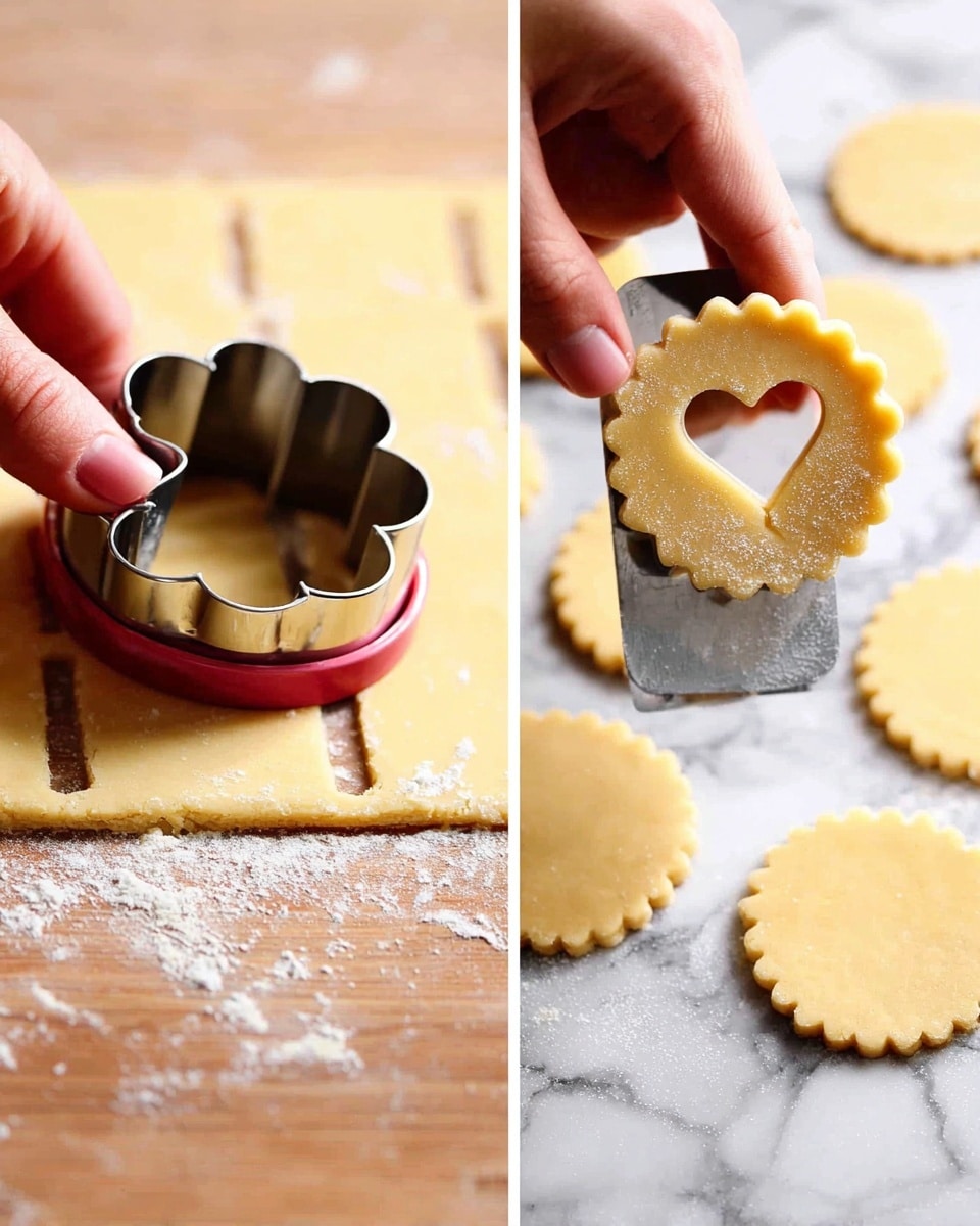The image shows two close-up shots side by side of cookie dough being prepared on a white marbled surface dusted lightly with flour. On the left, a woman's hand presses a round, fluted cookie cutter into the pale yellow dough, cutting out circular shapes with scalloped edges and some dough already removed, revealing a wooden surface underneath. On the right, a woman's hand using a spatula lifts a round cookie shaped dough piece with a small heart-shaped hole in its center, the dough piece held above the white marbled surface with more circle cutouts visible below. Photo taken with an iphone --ar 4:5 --v 7