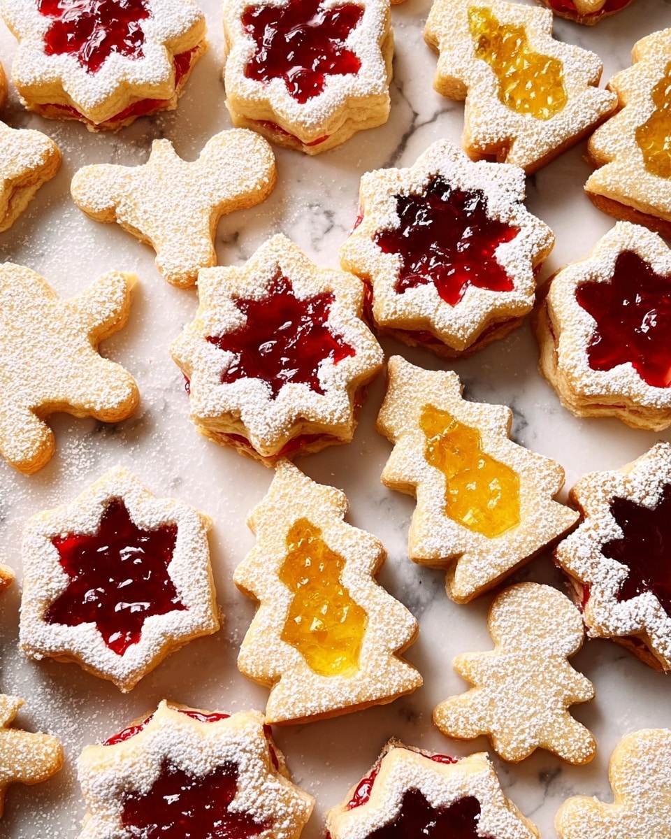 On a white marbled surface, there are many sandwich cookies made of two light golden soft biscuit layers dusted with fine white powdered sugar. The top layer has different shaped cutouts like stars, gingerbread men, trees, and leaves. Through these cutouts, glossy jam in two colors, bright red and warm yellow, is visible, filling the inside with a shiny, smooth texture. Each cookie shows a two-layer construction with the shiny jam sandwiched between the biscuit layers. The layout fills the entire frame with an inviting, warm holiday feeling. Photo taken with an iphone --ar 4:5 --v 7