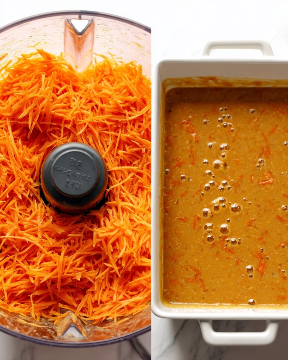 The image shows two side-by-side views related to preparing carrot batter. On the left is a clear food processor bowl filled with freshly shredded bright orange carrots, thin and stringy, filling the bowl almost to the top. On the right is a white rectangular baking dish filled with a smooth brownish-orange batter that has visible small carrot shreds spread evenly inside, with tiny bubbles on the surface and a moist texture. The background is a white marbled texture. photo taken with an iphone --ar 4:5 --v 7