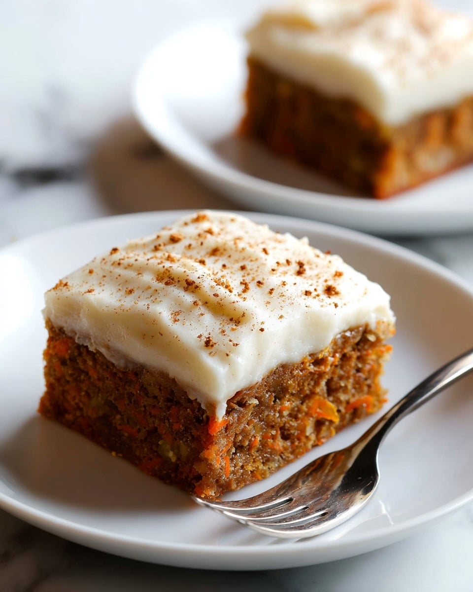 The image shows a white rectangular ceramic dish containing four large, square pieces of carrot cake. Each piece has a thick, smooth layer of white frosting on top, with a light dusting of brown spice sprinkled over the frosting. The carrot cake layer is dense and textured, showing bits of orange carrot and darker specks throughout. One piece is slightly pulled out from the bottom left corner, revealing the moist cake beneath the thick frosting. The dish sits on a white marbled surface, and the lighting highlights the soft texture of the frosting and crumbly cake inside. photo taken with an iphone --ar 4:5 --v 7