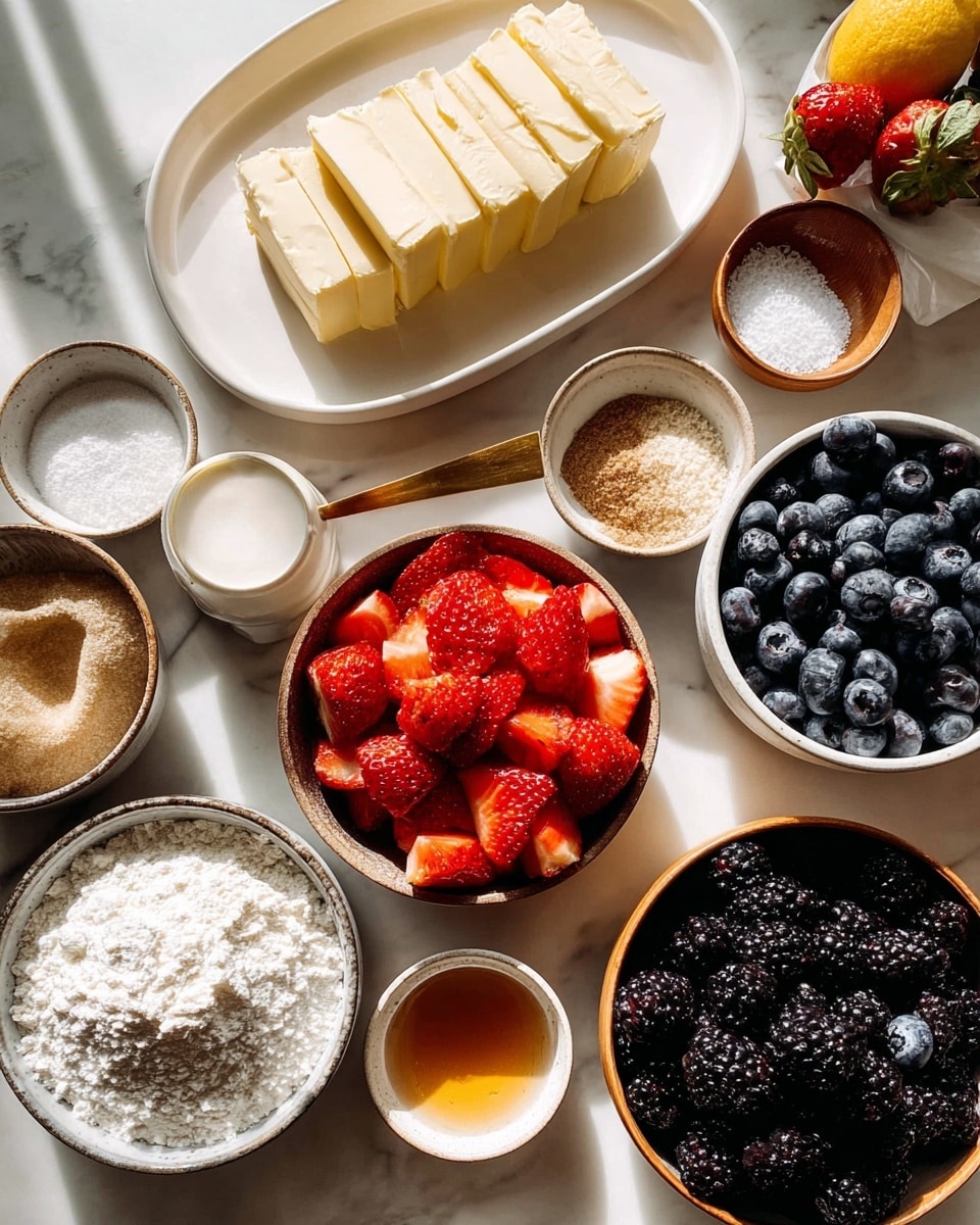 Top view of many small bowls and plates arranged on a white marbled surface with ingredients for baking or cooking. There is a white oval plate with thick slices of butter in the upper center, a brown bowl full of sliced red strawberries in the middle, a white bowl with dark blueberries on the right, and a brown bowl with blackberries below the strawberries. Small bowls contain white flour, powdered sugar, brown sugar, vanilla, and salt, arranged around the fruits and butter. A woman’s hand is not visible but implied by the close-up of ingredients. Bright natural lighting highlights the fresh colors and textures. Photo taken with an iphone --ar 4:5 --v 7