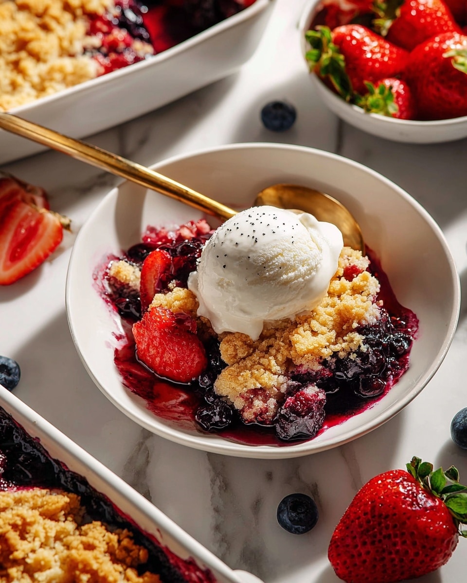In a white baking dish, there is a layered dessert with a deep purple fruit filling at the bottom that looks juicy and thick, topped with a golden brown crumbly crust that covers most of the fruit. On top of the crust, three scoops of white ice cream sit in the center, slightly melting around the edges. A gold spoon is partially inserted into one corner of the dish, catching a small piece of the crust and some of the purple filling. The dish is placed on a white marbled surface, surrounded by whole and sliced strawberries, lemons, and some blueberries in the background. Photo taken with an iphone --ar 4:5 --v 7