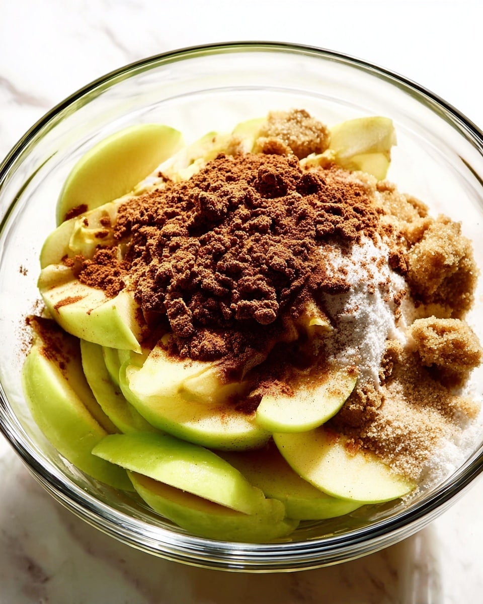 A clear glass bowl sits on a white marbled surface holding several layers: the bottom layer is pale green apple slices arranged in a circular pattern; above them are uneven clumps of light brown sugar scattered around; on top of the sugar, there are several overlapping layers of fine spices including dark brown cinnamon, light brown ginger, and white powdered sugar, creating a textured, mixed mound in the bowl center photo taken with an iphone --ar 4:5 --v 7