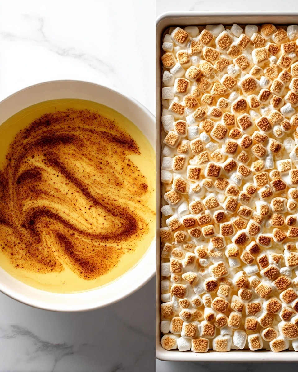 The left side shows a white bowl with a light yellow melted butter base, mixed with darker brown cinnamon swirls floating on top, creating a smooth, swirled liquid texture. On the right side, a white baking tray fully covered with small toasted marshmallows that are golden brown on the top and sides, with some parts lighter and soft white underneath, creating a dense, uneven, puffy layer. Both images are set on a white marbled surface. photo taken with an iphone --ar 4:5 --v 7