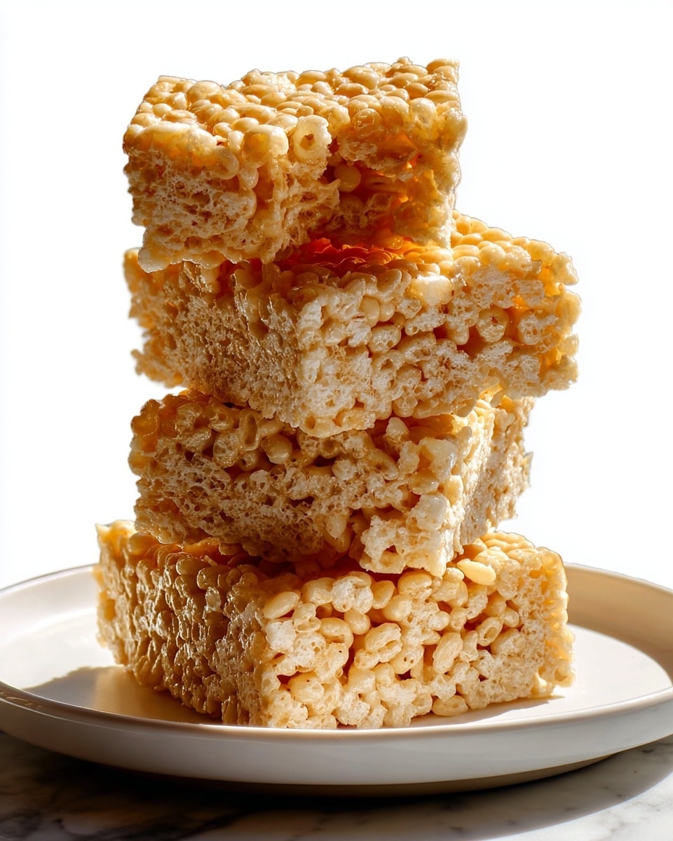 A stack of four crispy rice squares is shown close-up, with the top square slightly off-centered revealing the airy, textured layers inside. The squares are light tan with a shiny, sticky surface that holds the puffed rice together. Each layer shows the tiny crispy rice pieces tightly packed with a gooey, glossy binding. The stack sits on a white plate on a white marbled surface in bright light, making the squares look soft yet crunchy. photo taken with an iphone --ar 4:5 --v 7