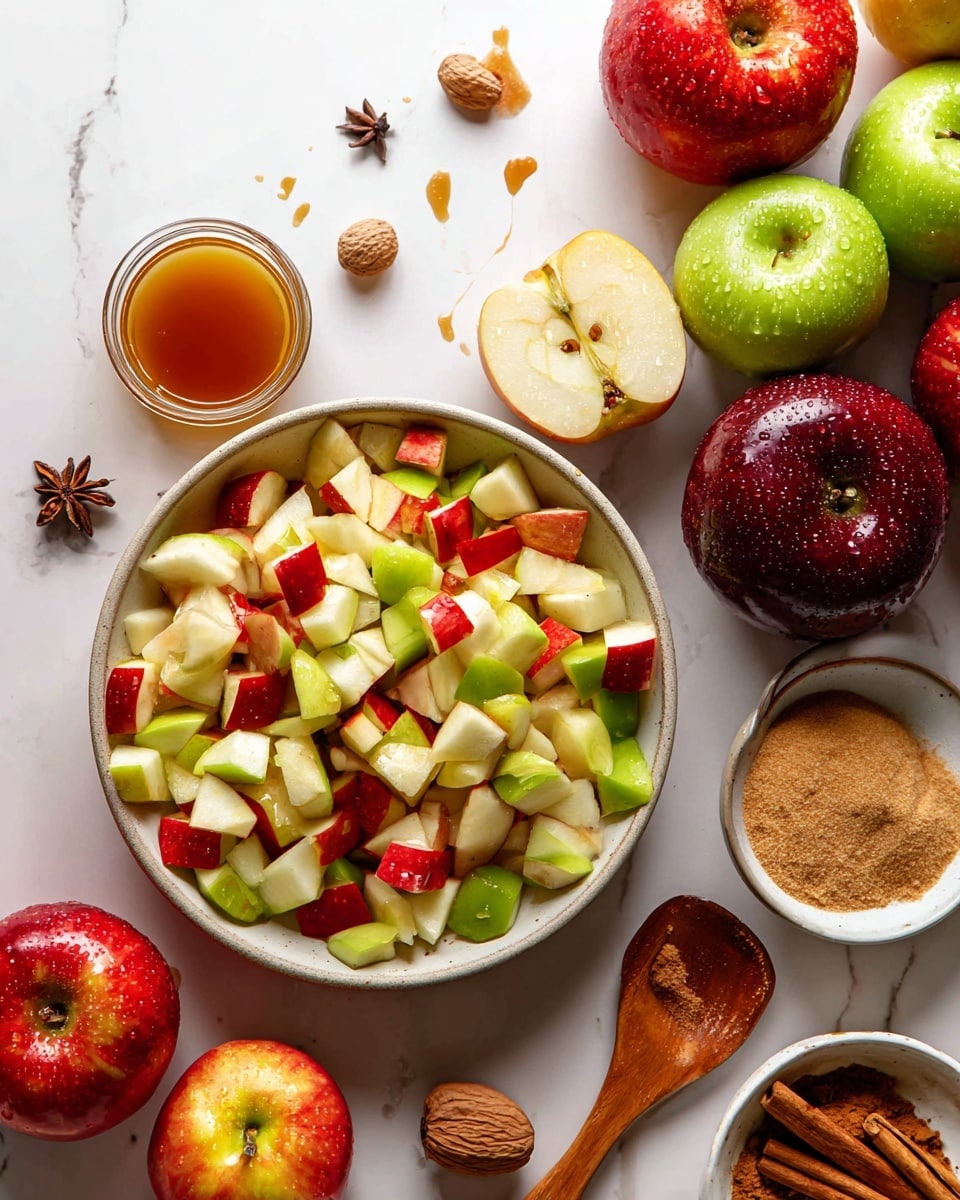 A round bowl filled with chopped apple pieces, showing a mix of red, green, and yellow skins with white flesh. Around the bowl are whole apples in red, green, yellow, and deep red colors, some with drops of water and some whole, one apple sliced in half showing its pale interior and star-shaped seeds. To the right, there are small white bowls holding cinnamon sticks on ground cinnamon, syrup, a mix of spices including nutmeg and clove, and a wooden spoon with sugar. The background is a white marbled surface scattered with a few whole cloves and a small whole nutmeg. photo taken with an iphone --ar 4:5 --v 7
