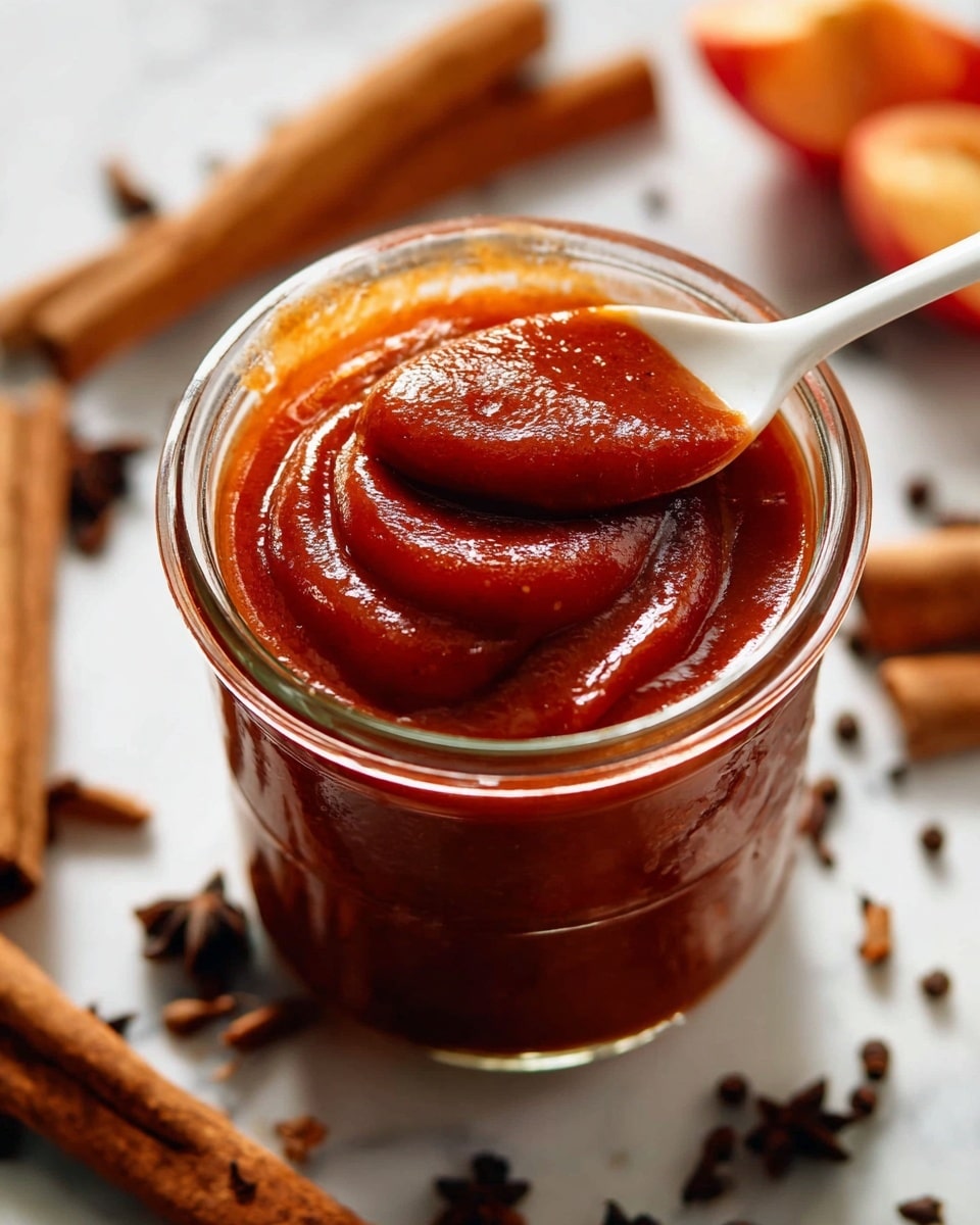A close-up of a metal pot filled with a thick, smooth, dark brown sauce swirled in a circular pattern with a wooden spoon resting inside. Around the pot, on a white marbled surface, there are whole spices like cinnamon sticks and cloves, along with a red apple and a green apple, and half a nutmeg. A yellow cloth is partly visible at the bottom left corner. The whole setting is bright with natural light. photo taken with an iphone --ar 4:5 --v 7