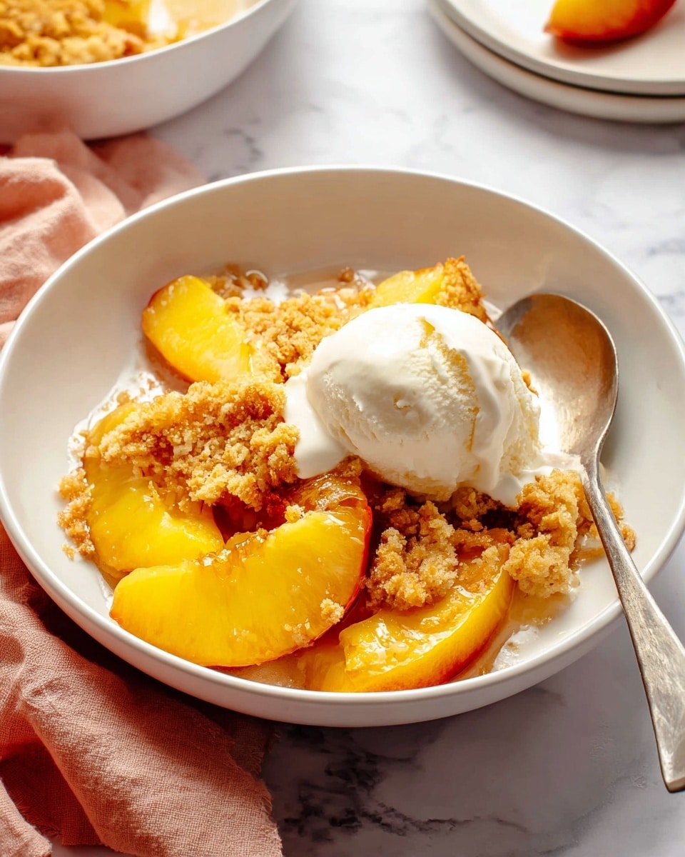 The image shows a white baking dish filled with a peach cobbler. The bottom layer has soft peach slices in yellow and orange shades, covered with a rough, golden-brown baked biscuit topping that forms uneven, chunky layers with some browned spots. Three creamy white vanilla ice cream scoops sit on top of the cobbler, slightly melting. At the left corner of the dish, a wooden spoon holds some peach slices and biscuit topping. In the background, a white bowl also contains yellow and orange peach slices. Everything is set on a white marbled surface photo taken with an iphone --ar 4:5 --v 7
