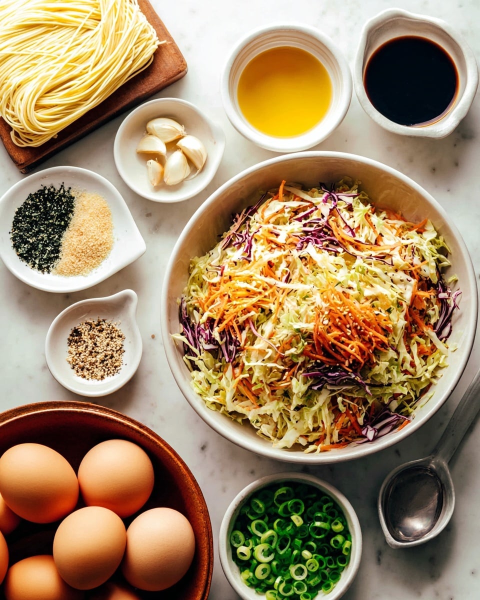 A large white bowl on the right side is filled with shredded cabbage mixed with thin strips of orange carrot and purple cabbage, showing a mix of green, orange, and purple colors with a lightly textured look. Surrounding the bowl are several white ceramic small bowls and plates with ingredients: two bowls with dark brown and black sauces next to a bowl of honey colored liquid at the top; a bowl with peeled garlic cloves and a piece of ginger in the middle left; a small white plate with a spoon of ground pepper near the garlic; a small white plate with a mixture of black and white sesame seeds and seaweed beneath the cabbage; and two small white bowls filled with sliced green onions and another with chopped light and dark green onion parts near the bottom left. Additionally, there is a square block of uncooked noodles with a light beige color on the far left side. A brown bowl at the bottom contains four light brown eggs. The scene is set on a white marbled surface photo taken with an iphone --ar 4:5 --v 7