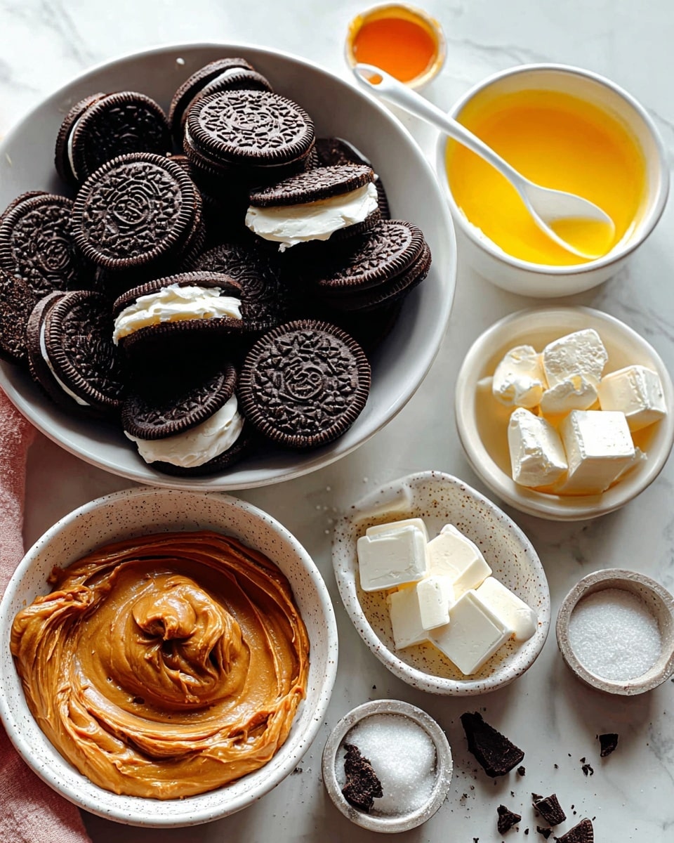 A white bowl filled with many black chocolate sandwich cookies with white cream inside, some cookies are split in halves showing the cream, placed on a white marbled surface. Next to it, there is a white speckled bowl with thick creamy brown peanut butter, swirled smoothly on top. Above is a white speckled bowl with bright yellow melted butter and a white spoon with a small amount of orange liquid. To the right, there is a small white bowl with white granulated sugar, and a white speckled bowl with square pieces of white cream cheese. The background is a white marbled surface with scattered cookie crumbs around. Photo taken with an iphone --ar 4:5 --v 7