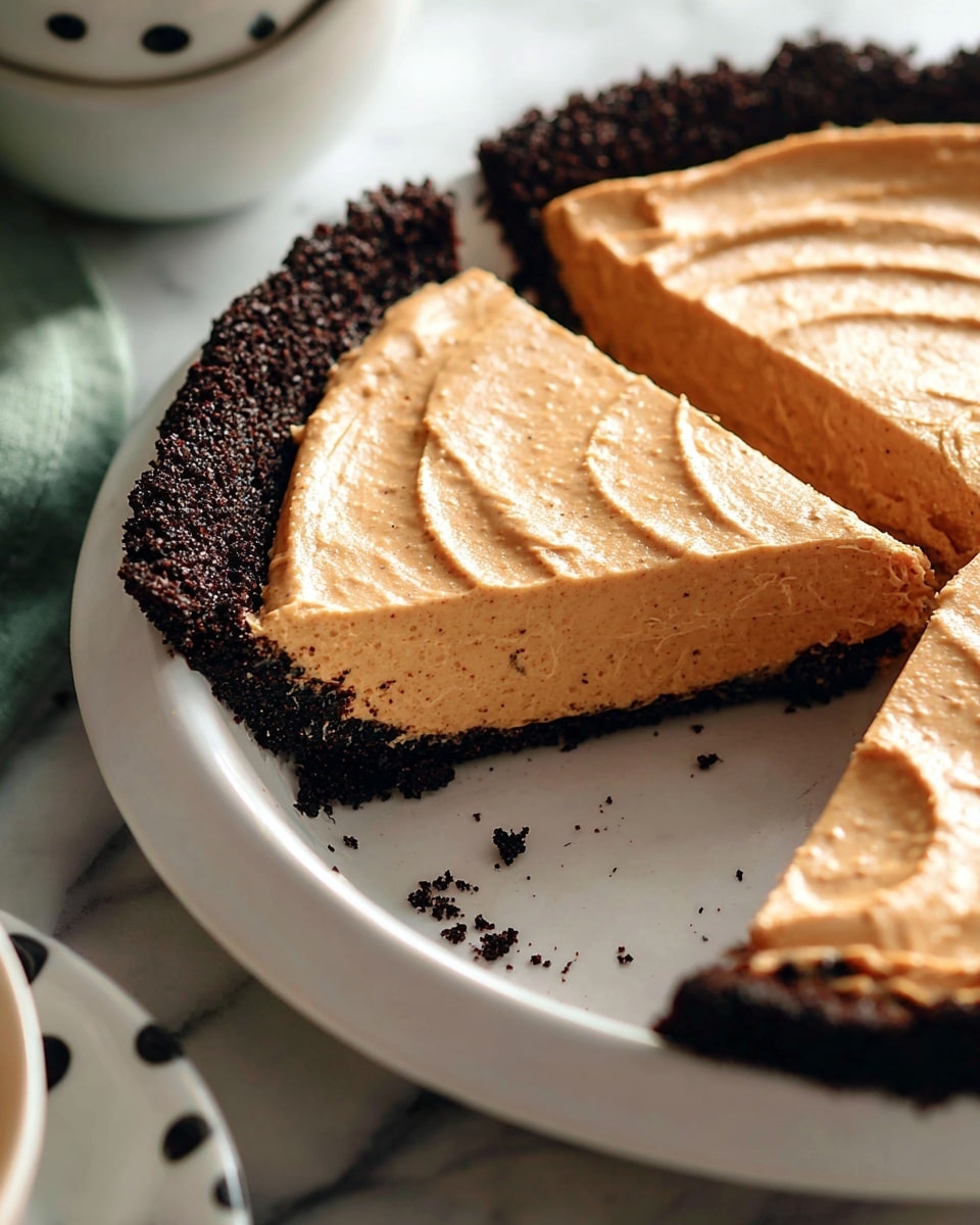 The image shows a close-up of a pie with two visible slices on a white pie dish on a white marbled surface. The pie has two layers: a thick dark brown crust that looks crumbly and rough, and a creamy, smooth tan filling with small specks throughout, with gentle swirled patterns on top. The contrast between the dark crust and light filling is clear, and there are a few small crumbs just outside the crust. To the left, part of a white dish with black dots is partially visible. photo taken with an iphone --ar 4:5 --v 7