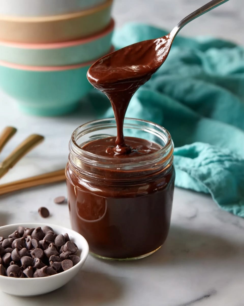 A white bowl holds two scoops of creamy white ice cream with a smooth texture. A spoon held by a woman's hand is pouring a thick dark brown chocolate sauce slowly over the ice cream, creating shiny drizzles that flow down the scoops. Next to the bowl is a glass jar filled with more chocolate sauce, showing its rich, glossy surface. In the foreground, there's a small white dish filled with dark chocolate chips, while a soft teal cloth adds a bright pop of color in the blurred background on a white marbled surface. photo taken with an iphone --ar 4:5 --v 7