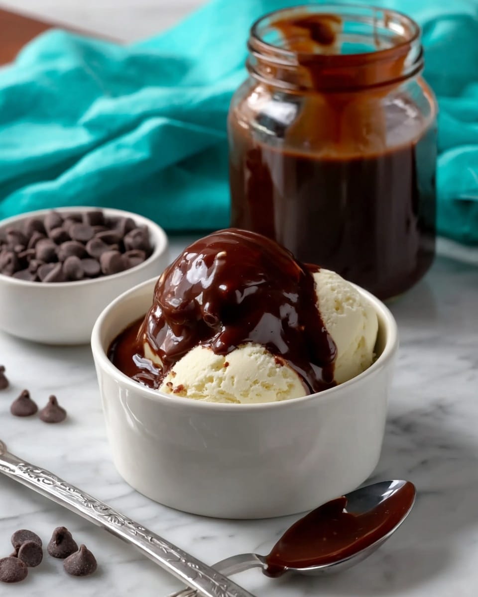 A clear glass jar filled with smooth, dark brown chocolate sauce is centered on a white marbled surface. A shiny metal spoon lifted above the jar holds thick, glossy chocolate sauce that drips back into the jar. In the foreground, there is a small white bowl filled with dark chocolate chips. The background shows a blurred stack of white bowls with pastel-colored rims and a crumpled turquoise cloth nearby. Photo taken with an iphone --ar 4:5 --v 7