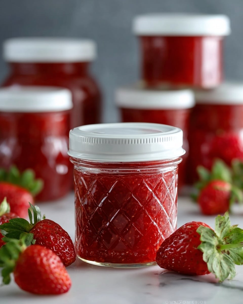 The image shows six small glass jars filled with bright red strawberry jam, each jar having a white lid, arranged on a white marbled surface. One jar in the center is open with a silver spoon inside, holding a scoop of jam that has a chunky, textured look. Around the jars, fresh whole strawberries with green leaves are placed to add color and freshness. There is a green cloth softly folded in the upper part of the image, contrasting with the white marbled surface. The jars have a diamond pattern on their glass giving some texture to them. photo taken with an iphone --ar 4:5 --v 7