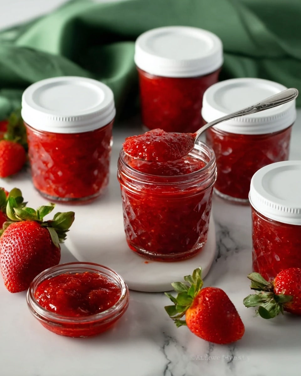 A close-up image of a small clear glass jar filled with bright red strawberry jam, showing a slightly textured surface inside. The jar has a white lid and a pattern of diamond shapes on the glass. Around the jar, several fresh red strawberries with green leaves rest on a white marbled surface. In the background, there are more jars of the same jam, some stacked, all with white lids, slightly out of focus against a soft gray backdrop. The composition creates a fresh and inviting look. photo taken with an iphone --ar 4:5 --v 7